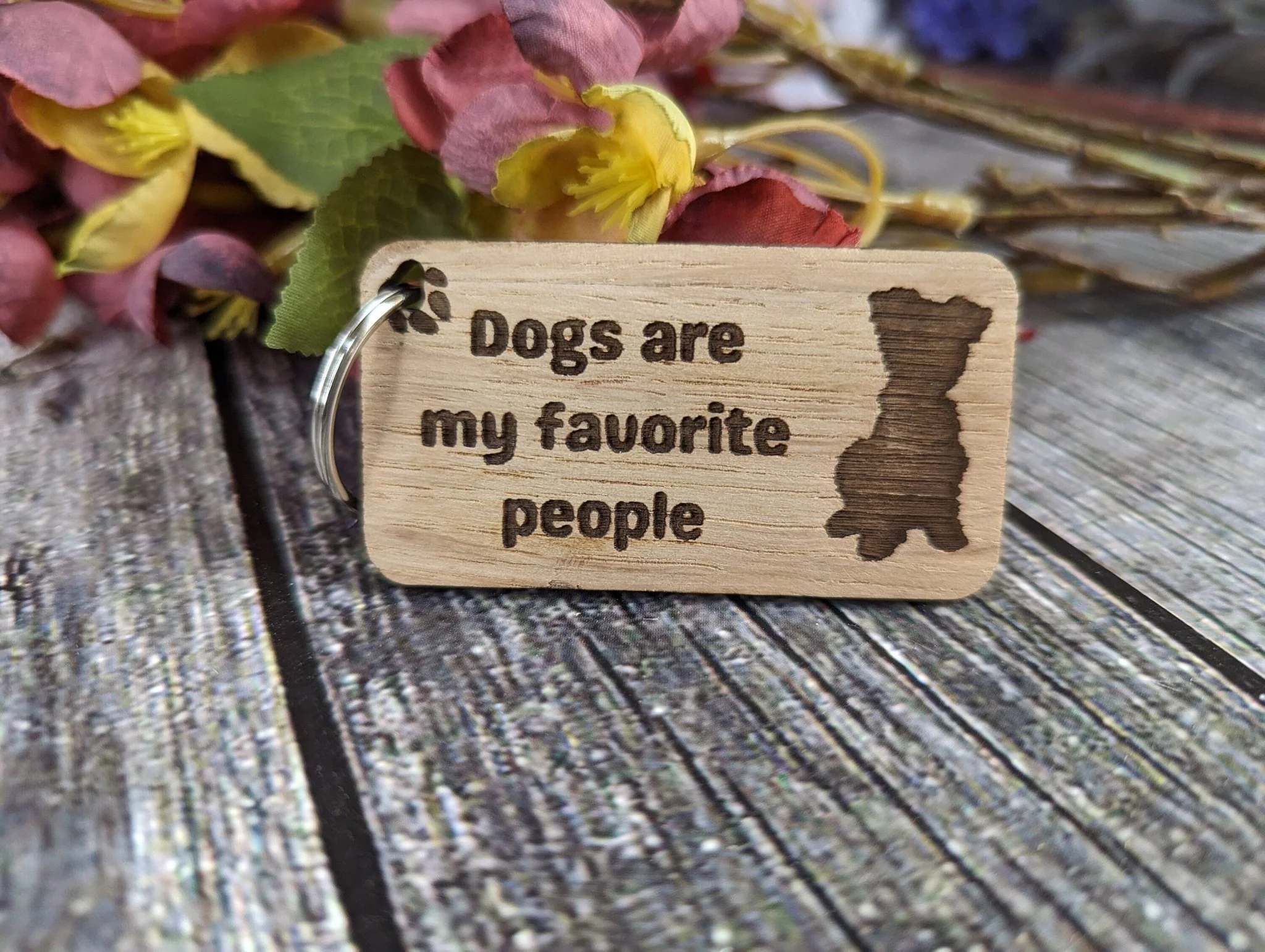 Handmade Oak Veneer Keyring 'Dogs Are My Favourite People', Sustainable Dog Lover Accessory, Ideal Gift for Canine Enthusiasts & Pet Parents - Image 2
