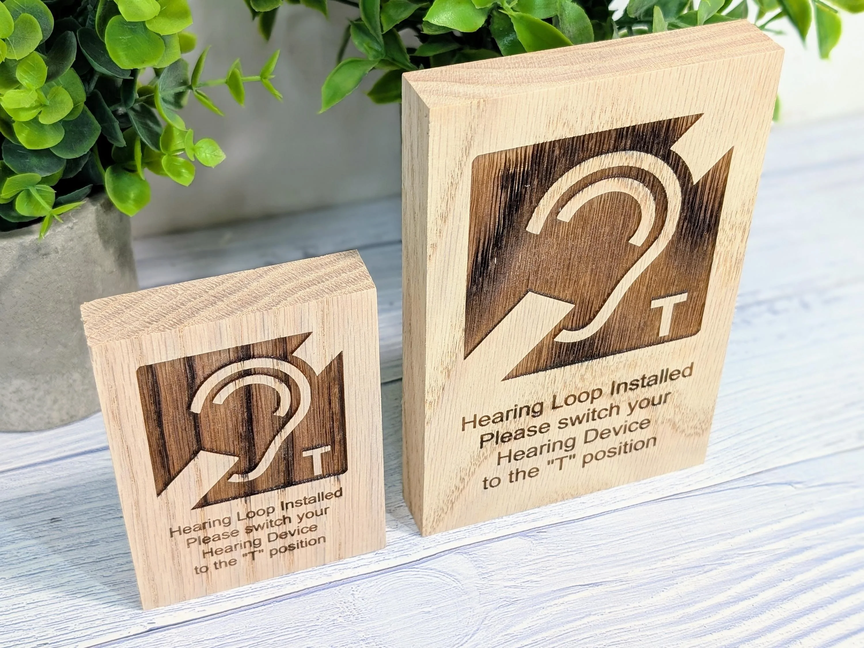 Hearing Loop Signage - Accessible Signs for Businesses and Public Spaces - Freestanding Engraved Oak Block - 2 Sizes - Hearing Aid Symbol - Image 2