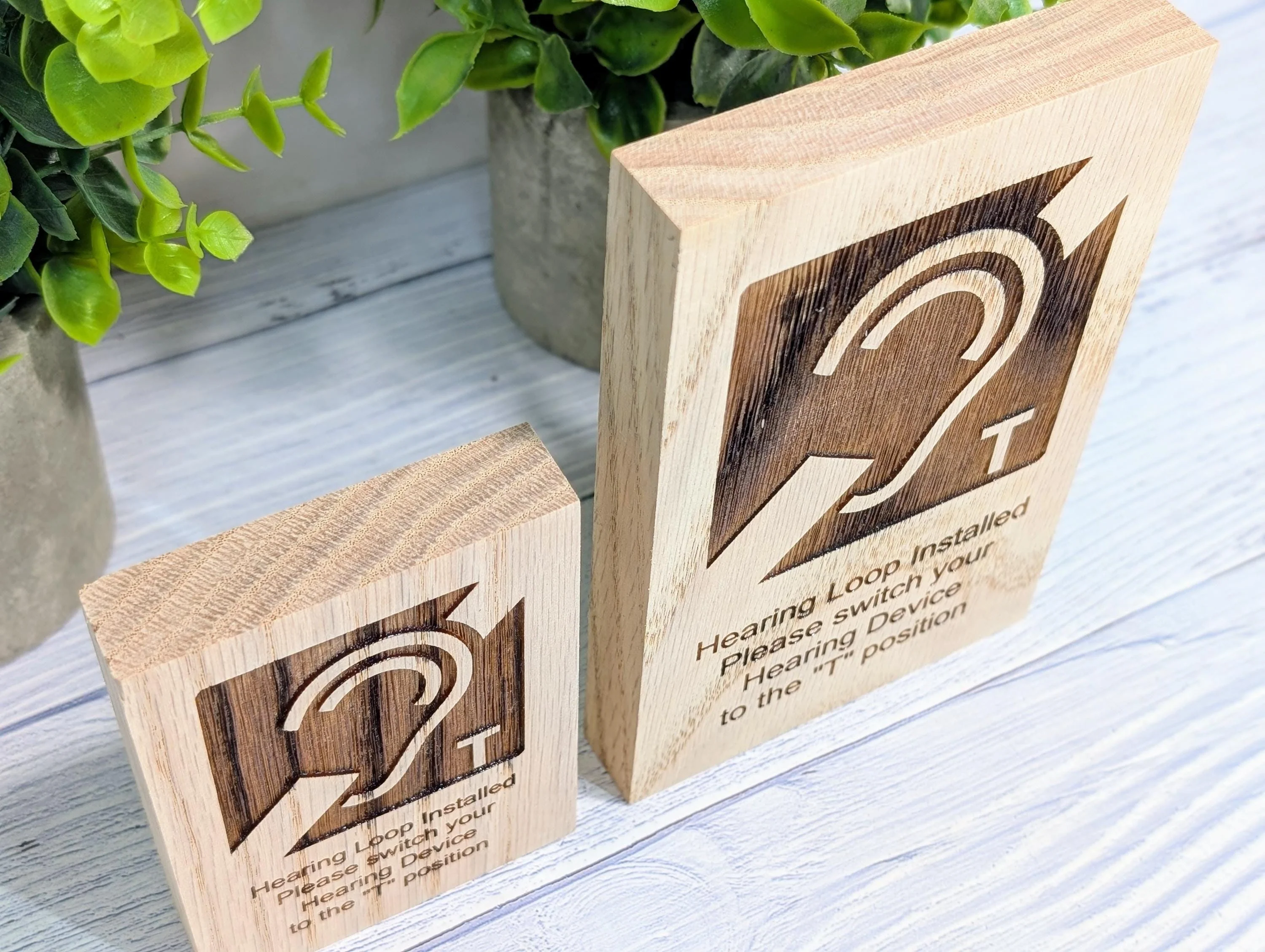 Hearing Loop Signage - Accessible Signs for Businesses and Public Spaces - Freestanding Engraved Oak Block - 2 Sizes - Hearing Aid Symbol - Image 3