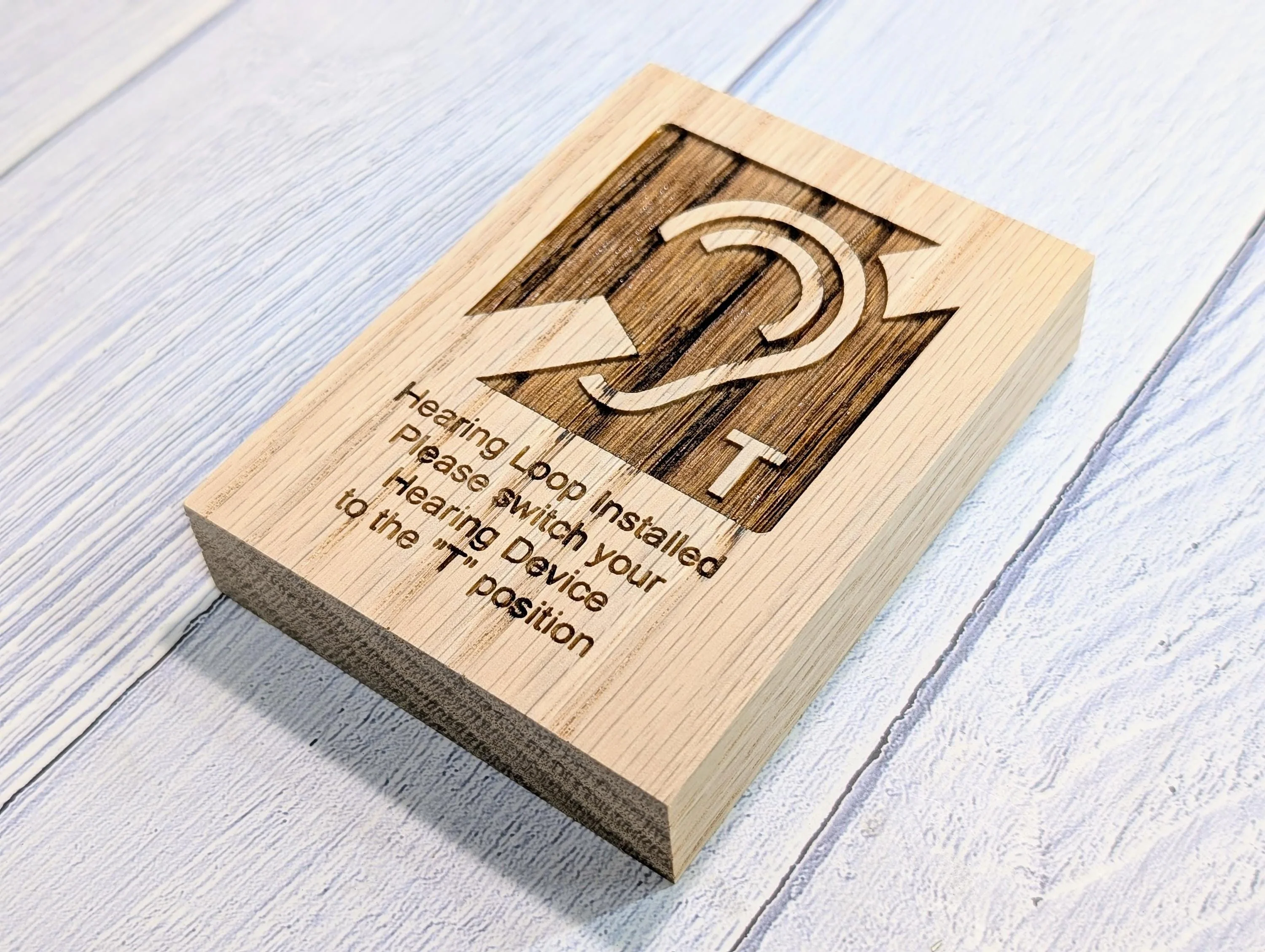 Hearing Loop Signage - Accessible Signs for Businesses and Public Spaces - Freestanding Engraved Oak Block - 2 Sizes - Hearing Aid Symbol - Image 5