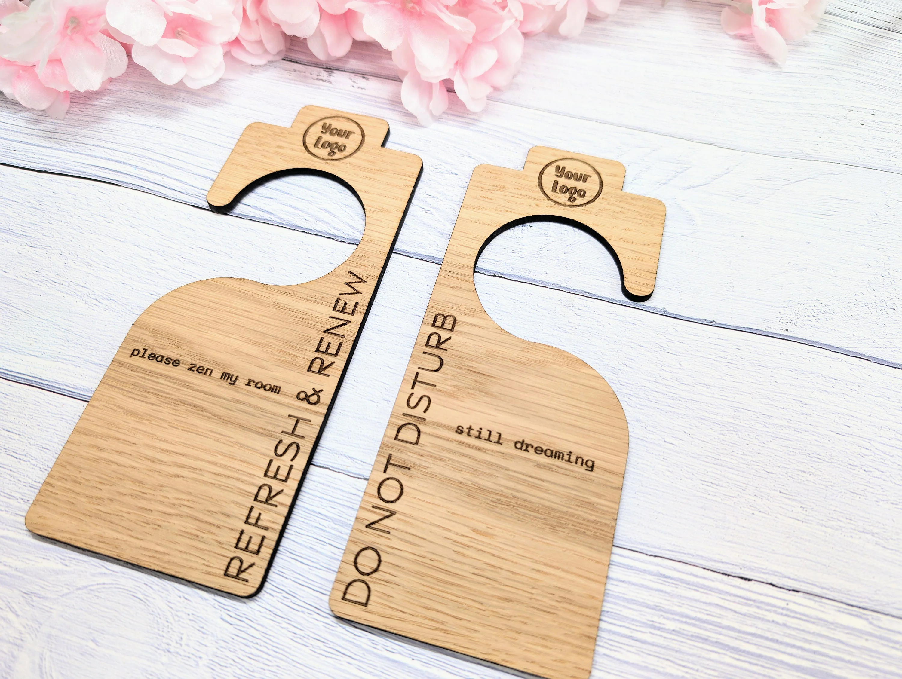 Hotel Door Hanger for Larger Handles | "Do Not Disturb" & "Please Clean My Room" | Oak Veneer | Double-Sided | Customisable Logo - Image 3