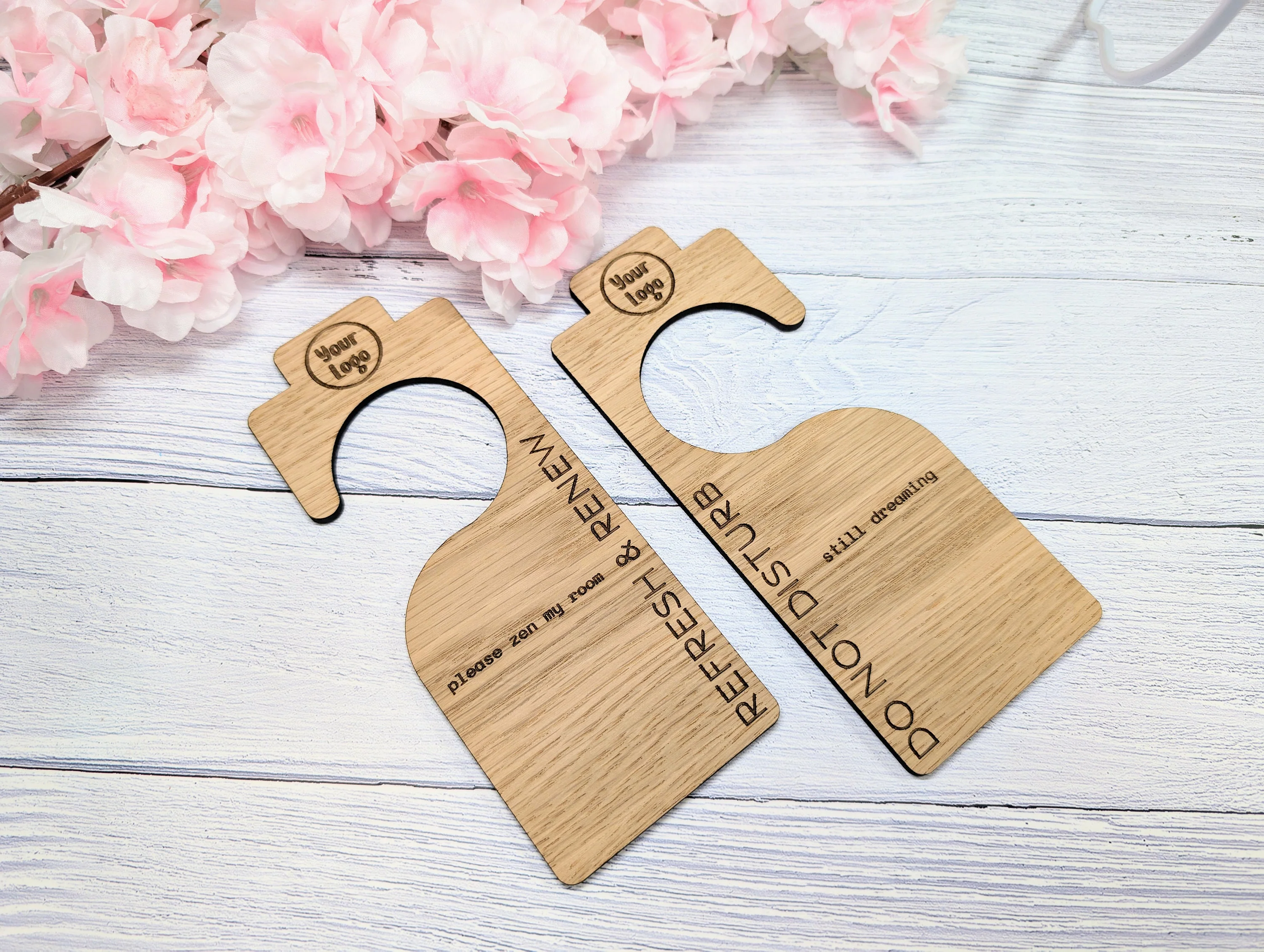 Hotel Door Hanger for Larger Handles | "Do Not Disturb" & "Please Clean My Room" | Oak Veneer | Double-Sided | Customisable Logo - Image 5