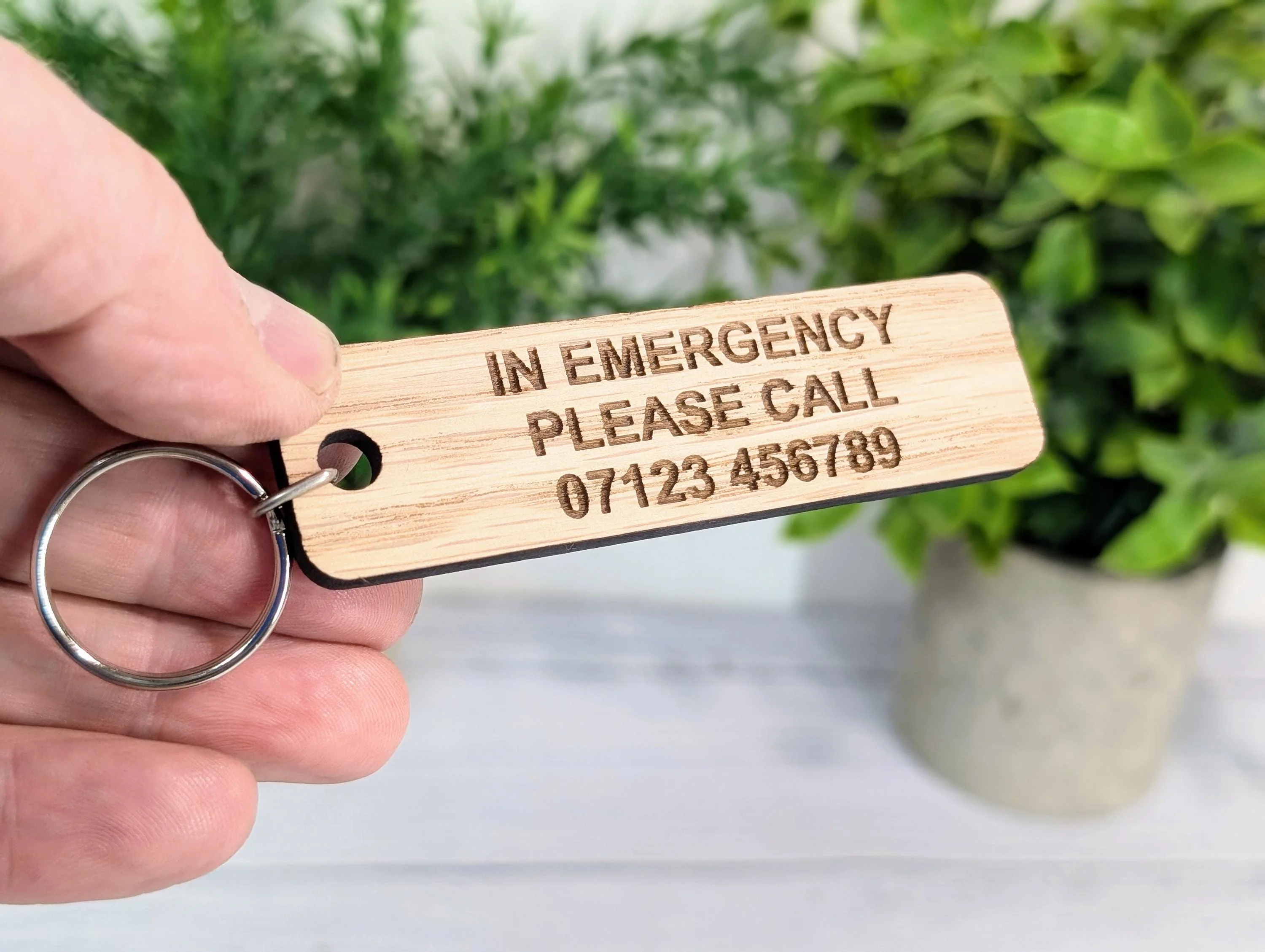 ICE Keyring - In Case of Emergency - Oak 90x25mm | Personalised with Your Phone Number | Eco-Friendly | Customisable Wooden Keyfob - Image 2