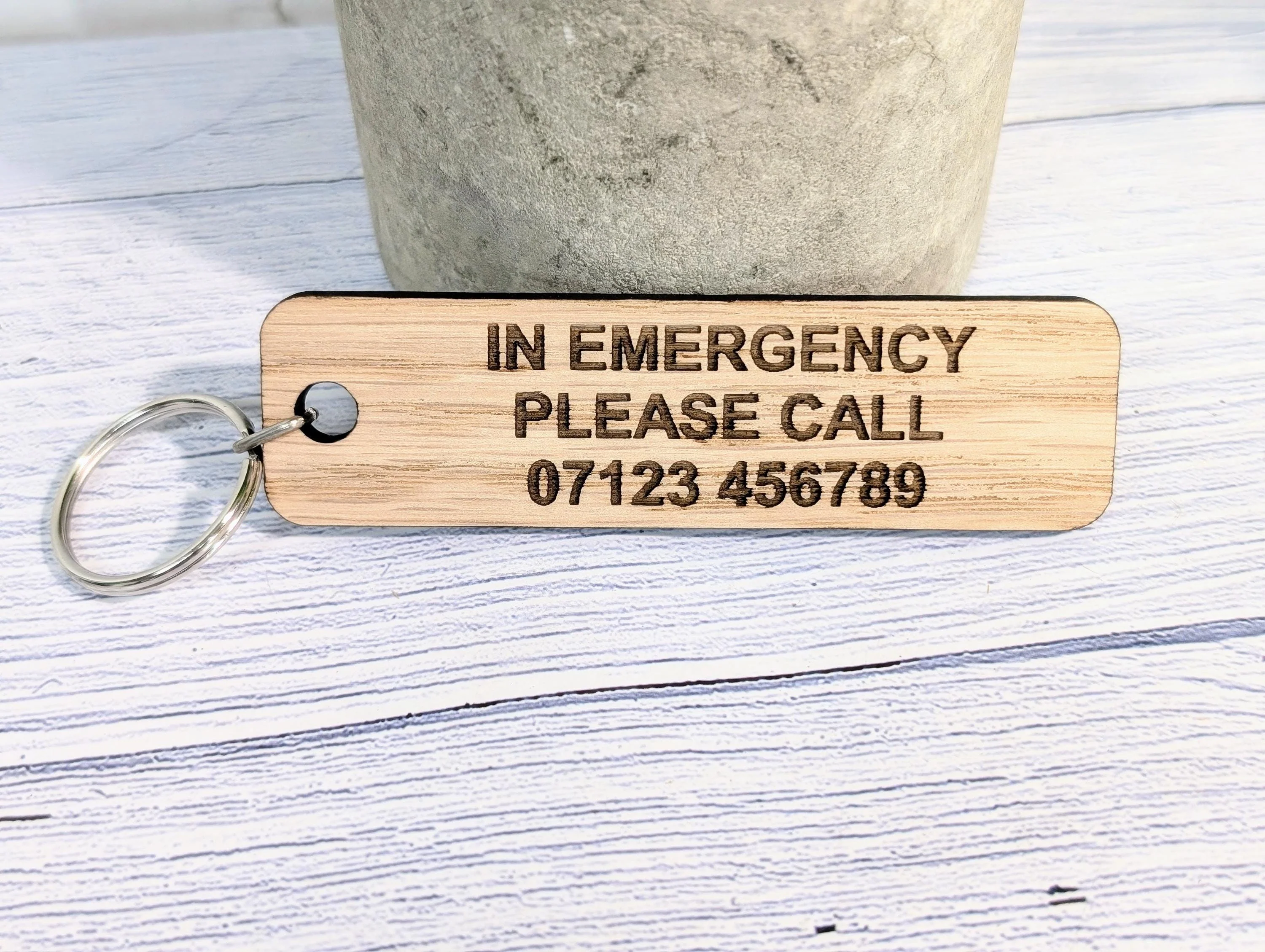 ICE Keyring - In Case of Emergency - Oak 90x25mm | Personalised with Your Phone Number | Eco-Friendly | Customisable Wooden Keyfob - Image 3