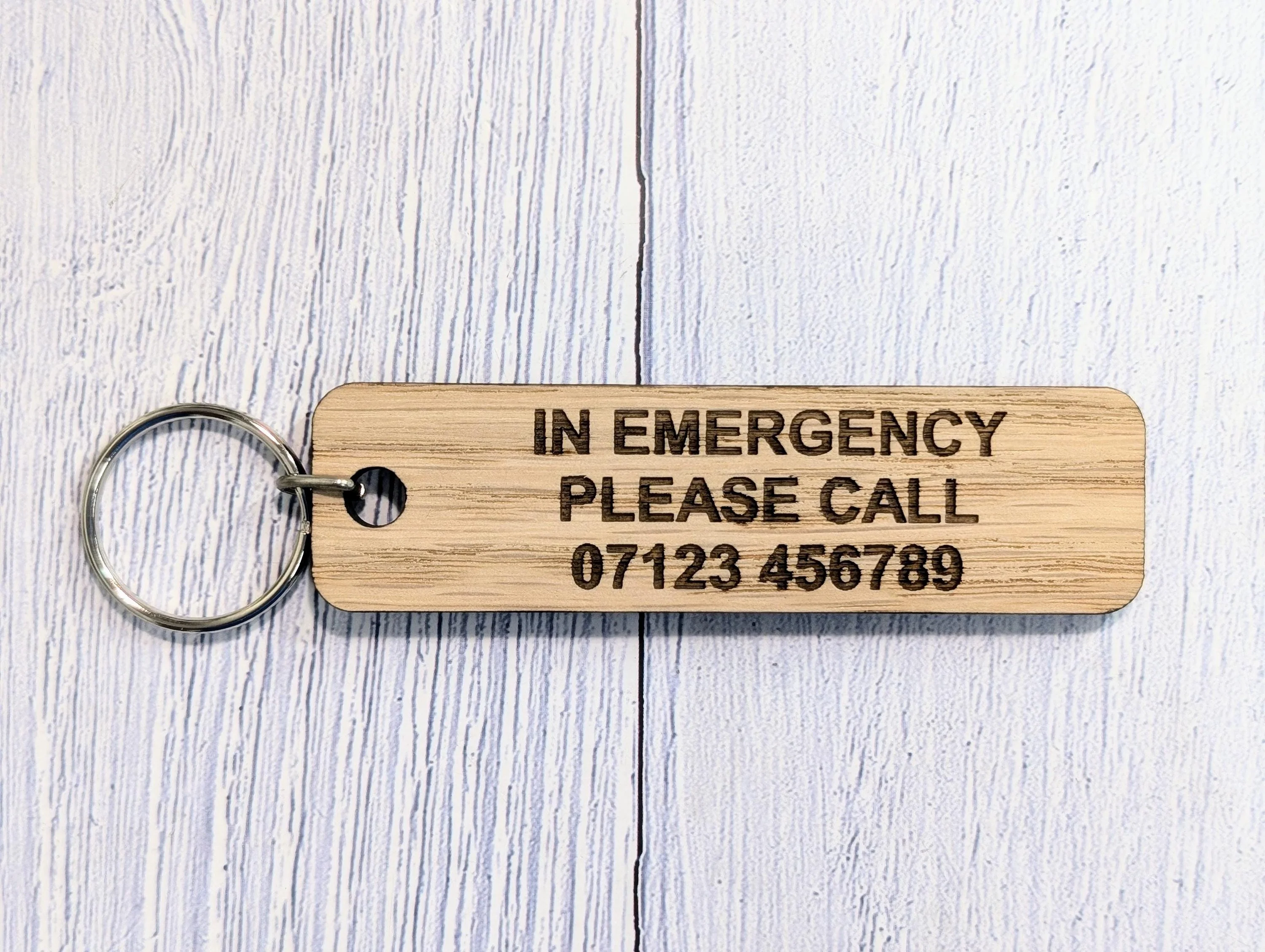 ICE Keyring - In Case of Emergency - Oak 90x25mm | Personalised with Your Phone Number | Eco-Friendly | Customisable Wooden Keyfob - Image 4