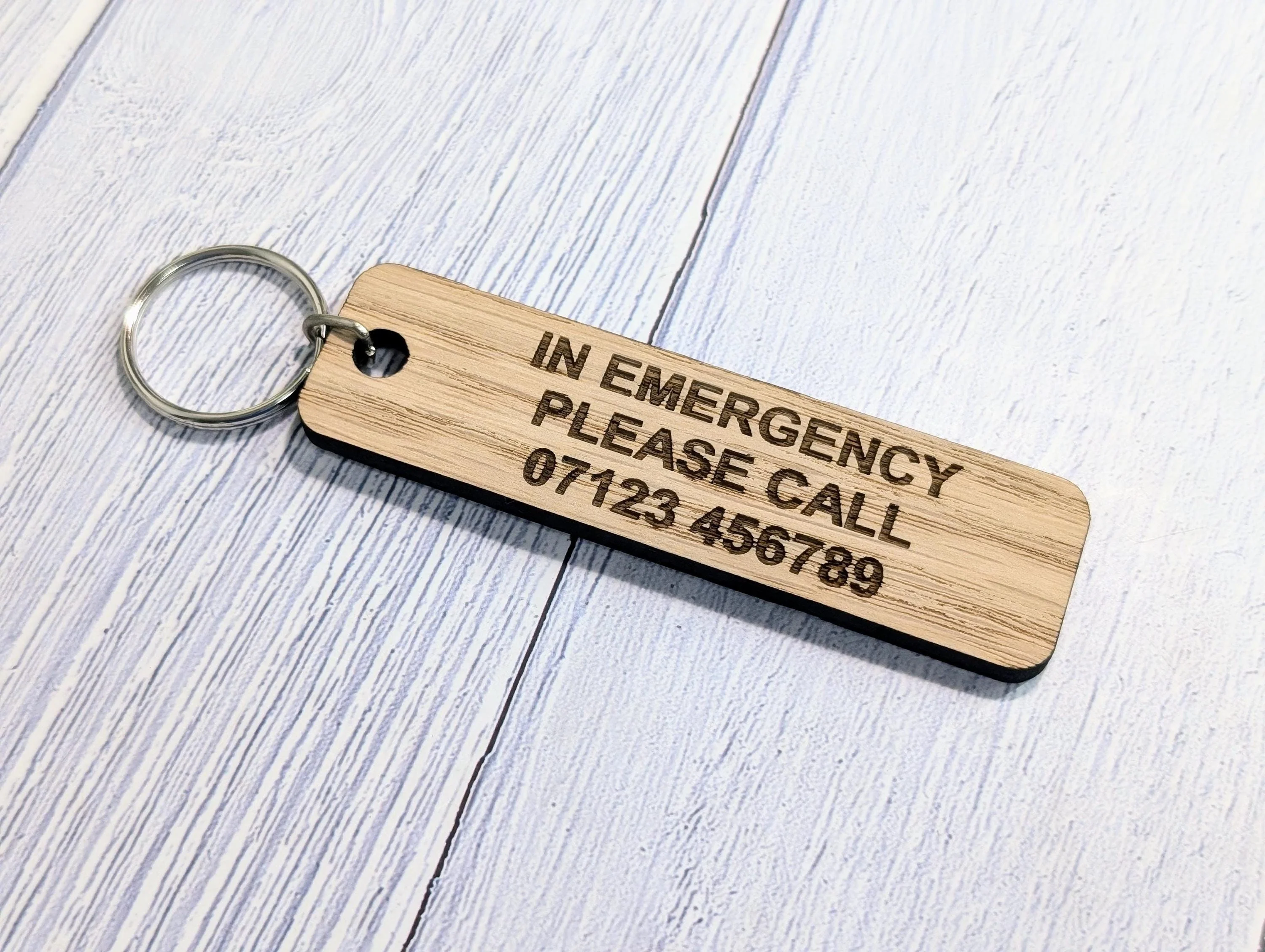 ICE Keyring - In Case of Emergency - Oak 90x25mm | Personalised with Your Phone Number | Eco-Friendly | Customisable Wooden Keyfob - Image 9