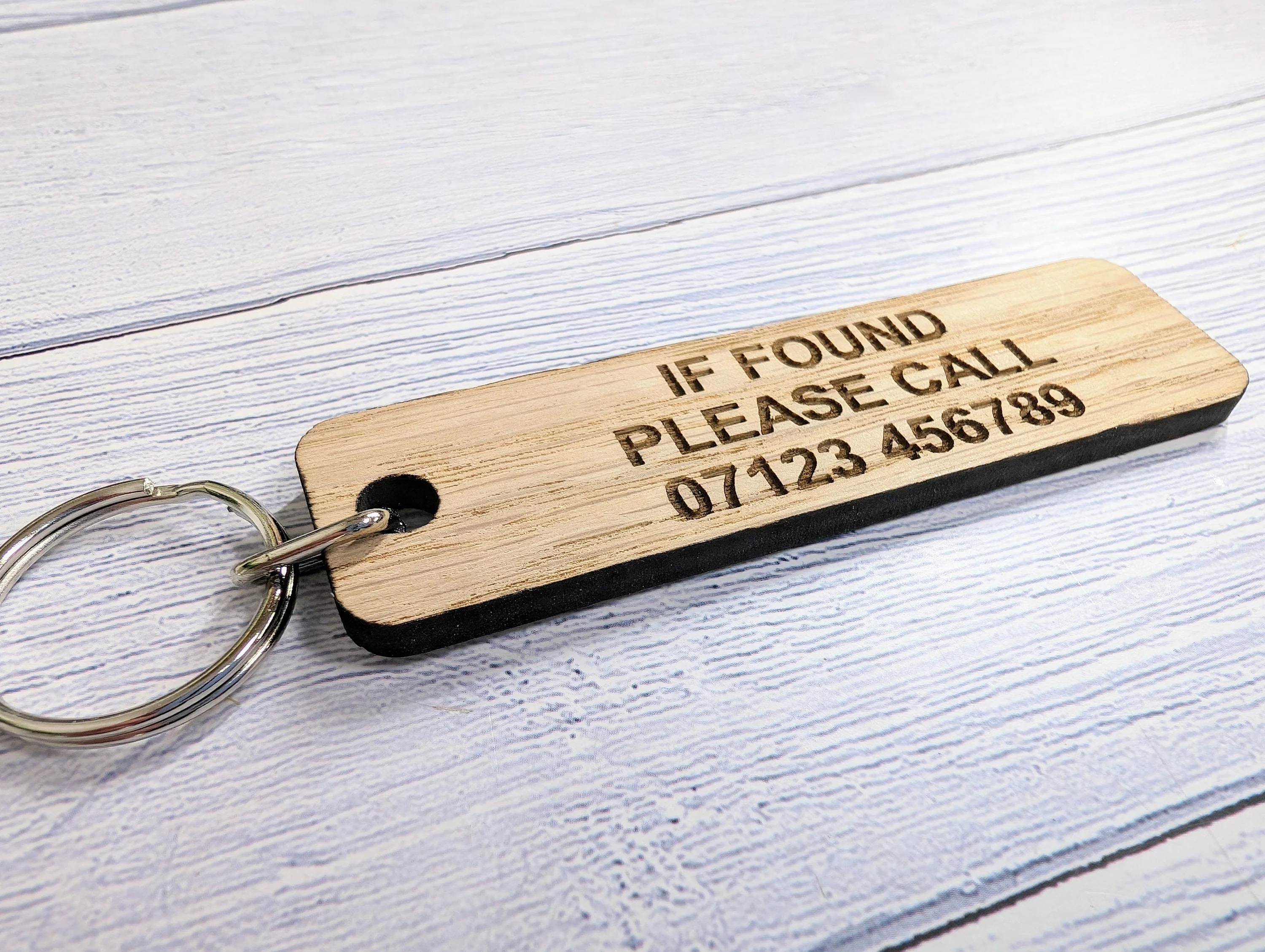 If Found Please Call - Customisable Oak Keyring 90x25mm | Personalised with Your Phone Number - Image 2