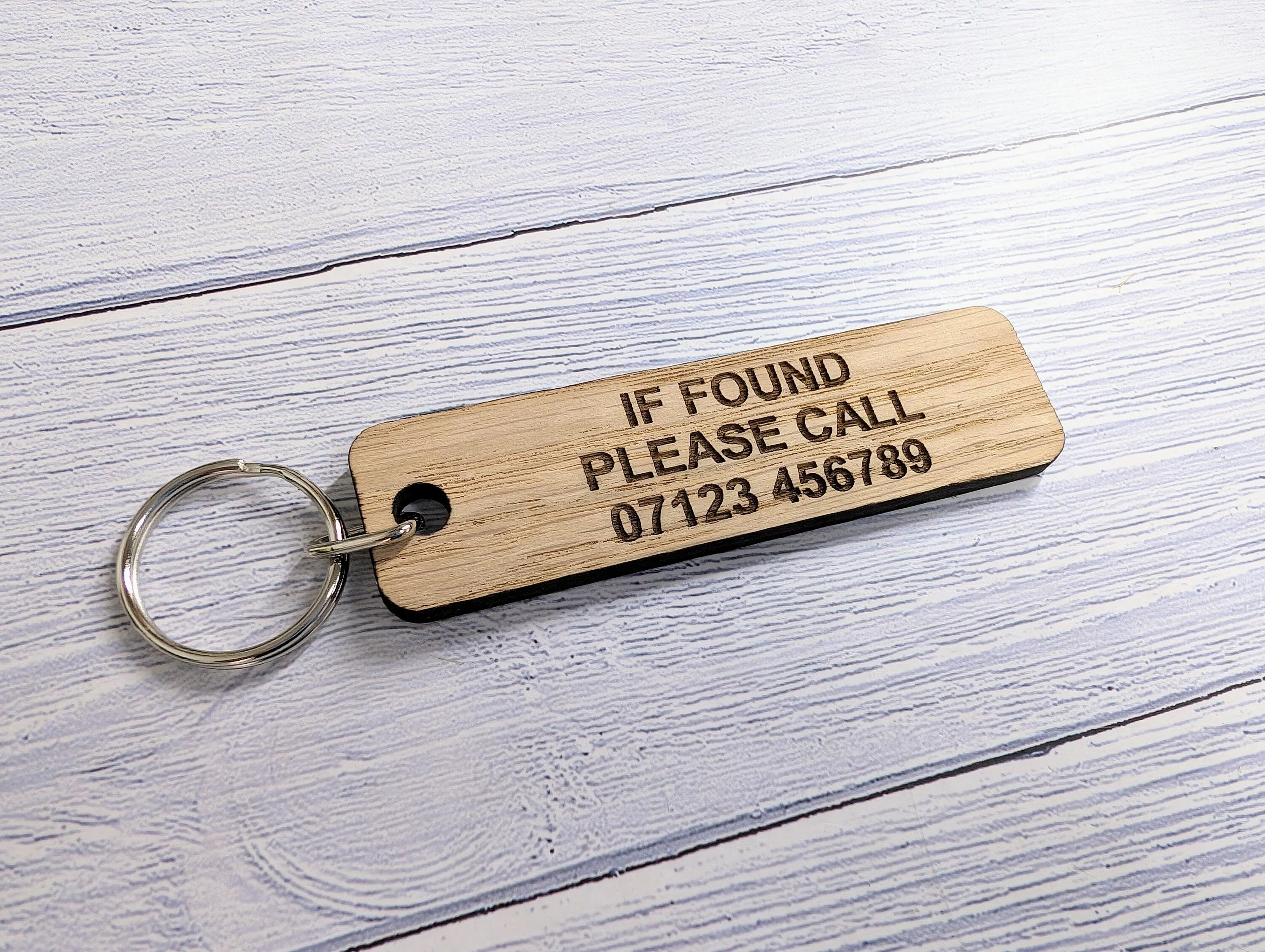If Found Please Call - Customisable Oak Keyring 90x25mm | Personalised with Your Phone Number - Image 3