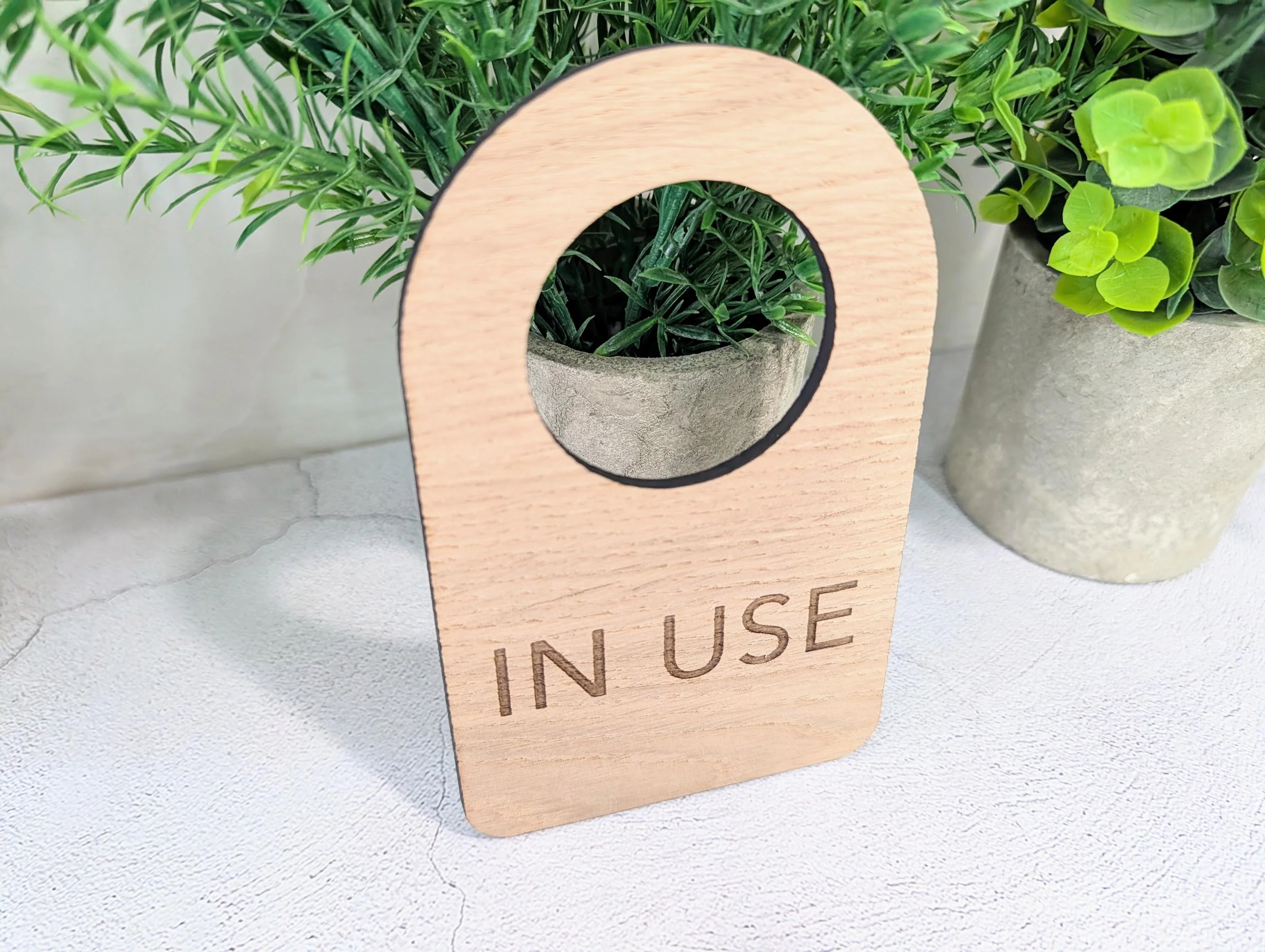 In Use / Free - Door Hanger – Double-Sided Oak Veneered Sign, Slip-Over Handle, Eco Friendly Wood, Made in Wales, Plastic-Free Packaging - Image 6