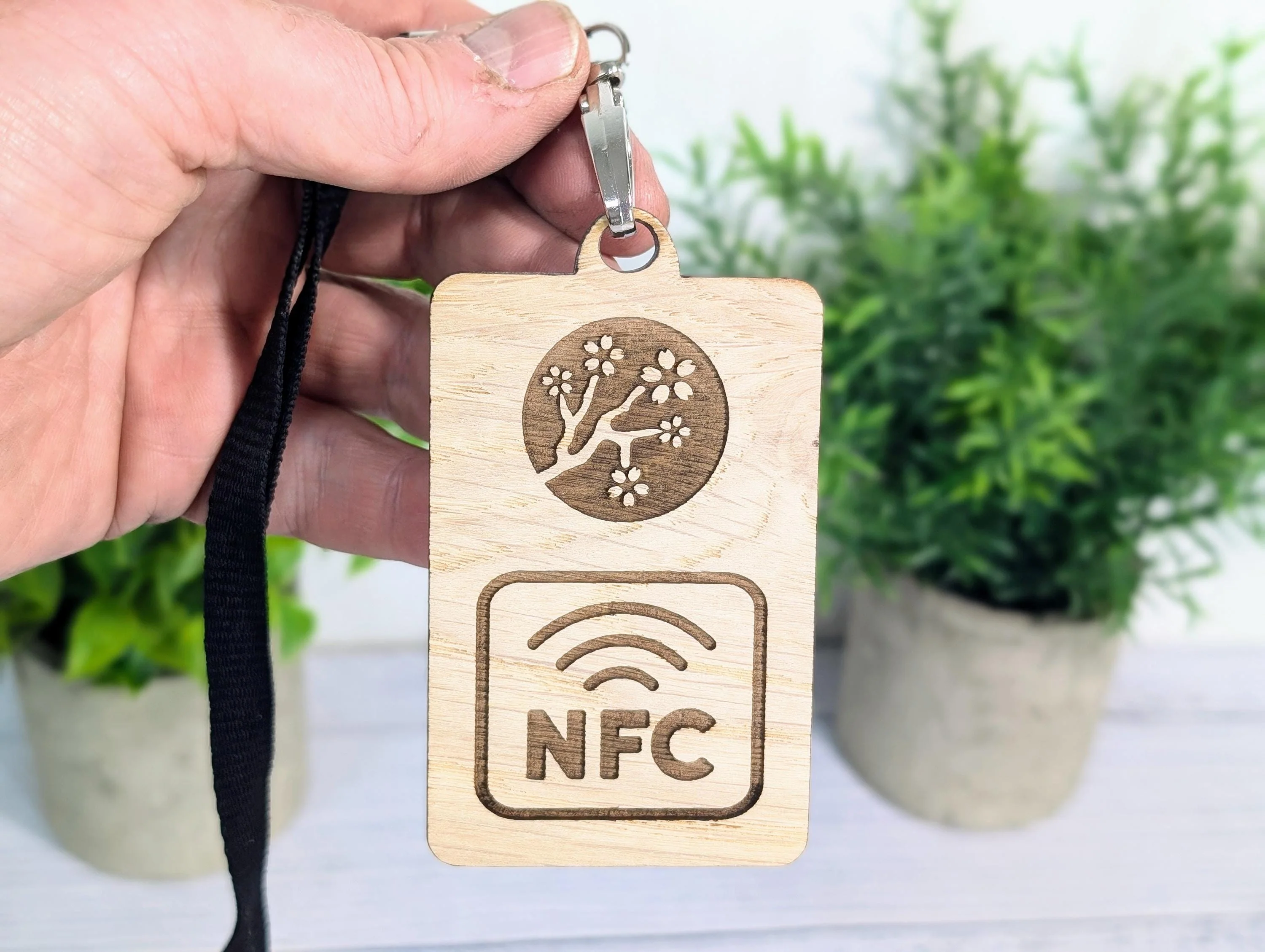 Interactive NFC Logo Wooden Badges with Eco Lanyards - Personalised NFC Link, Custom Branded Event Staff Badges, Exhibition Promotional