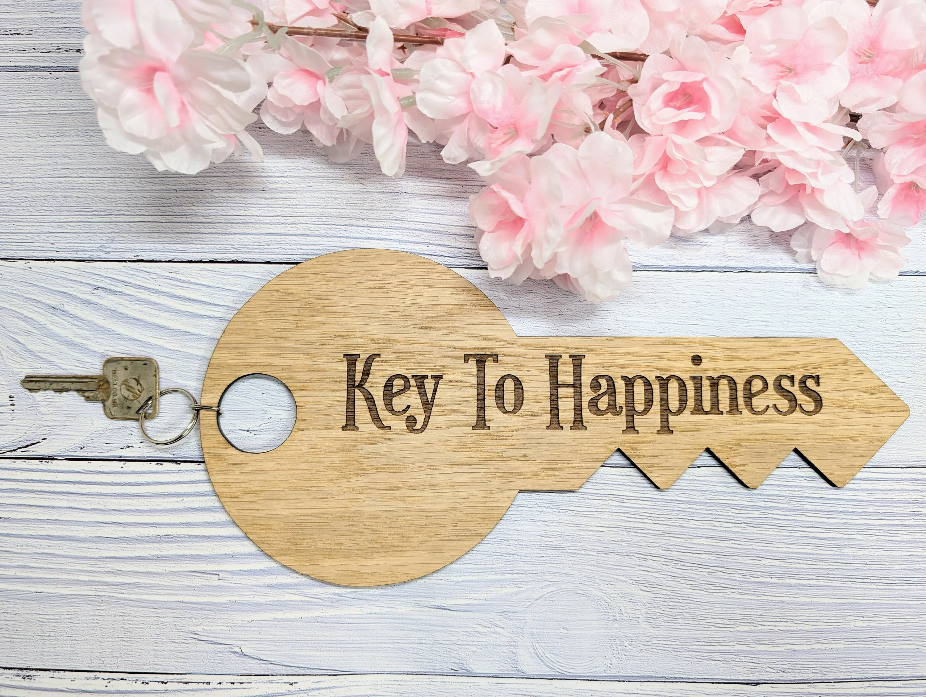 Key To Happiness - Oversized Key-Shaped Wooden Keyring - Unique Gift Idea - Inspirational Quote Keychain - Image 2
