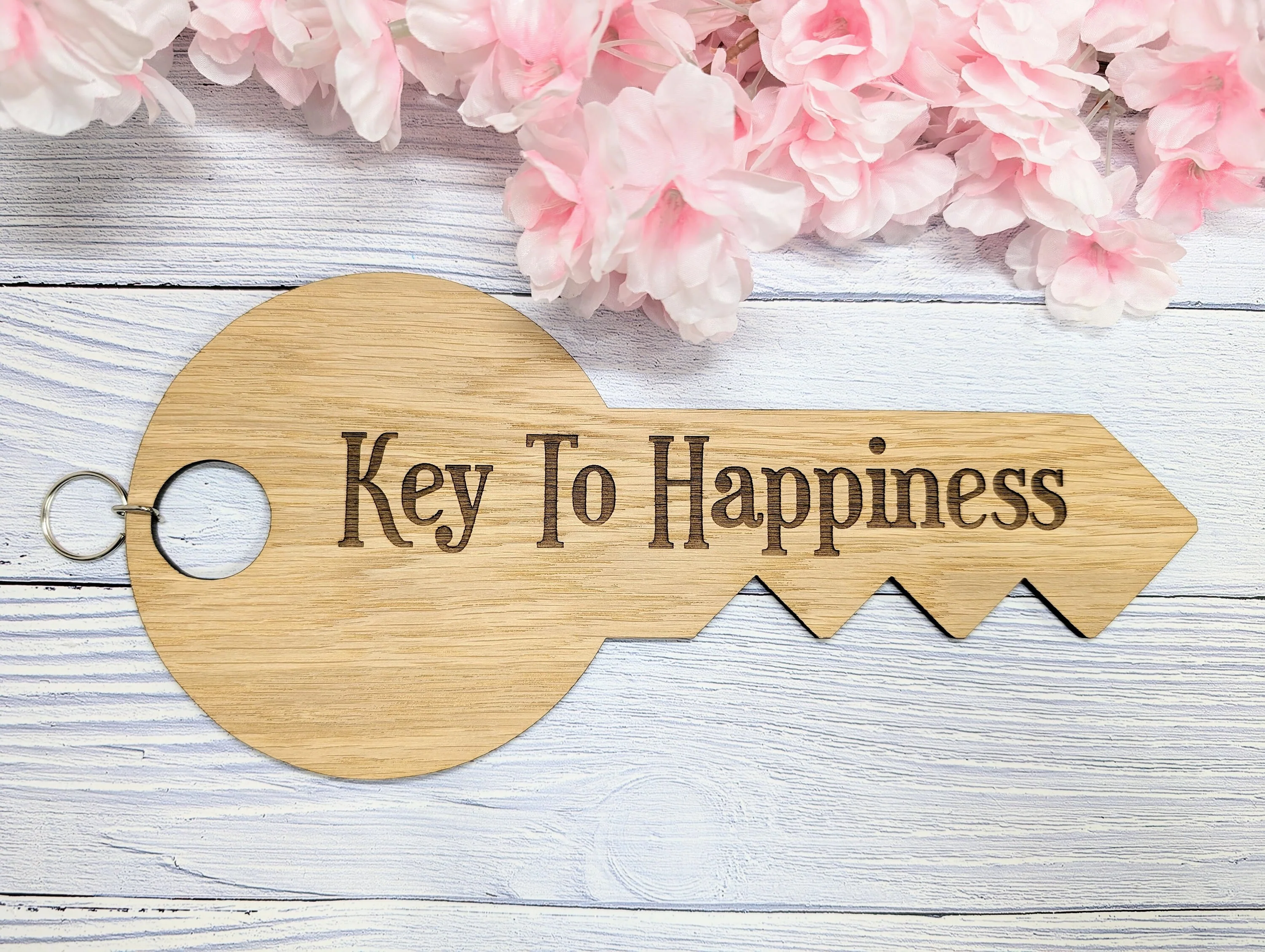 Key To Happiness - Oversized Key-Shaped Wooden Keyring - Unique Gift Idea - Inspirational Quote Keychain - Image 4