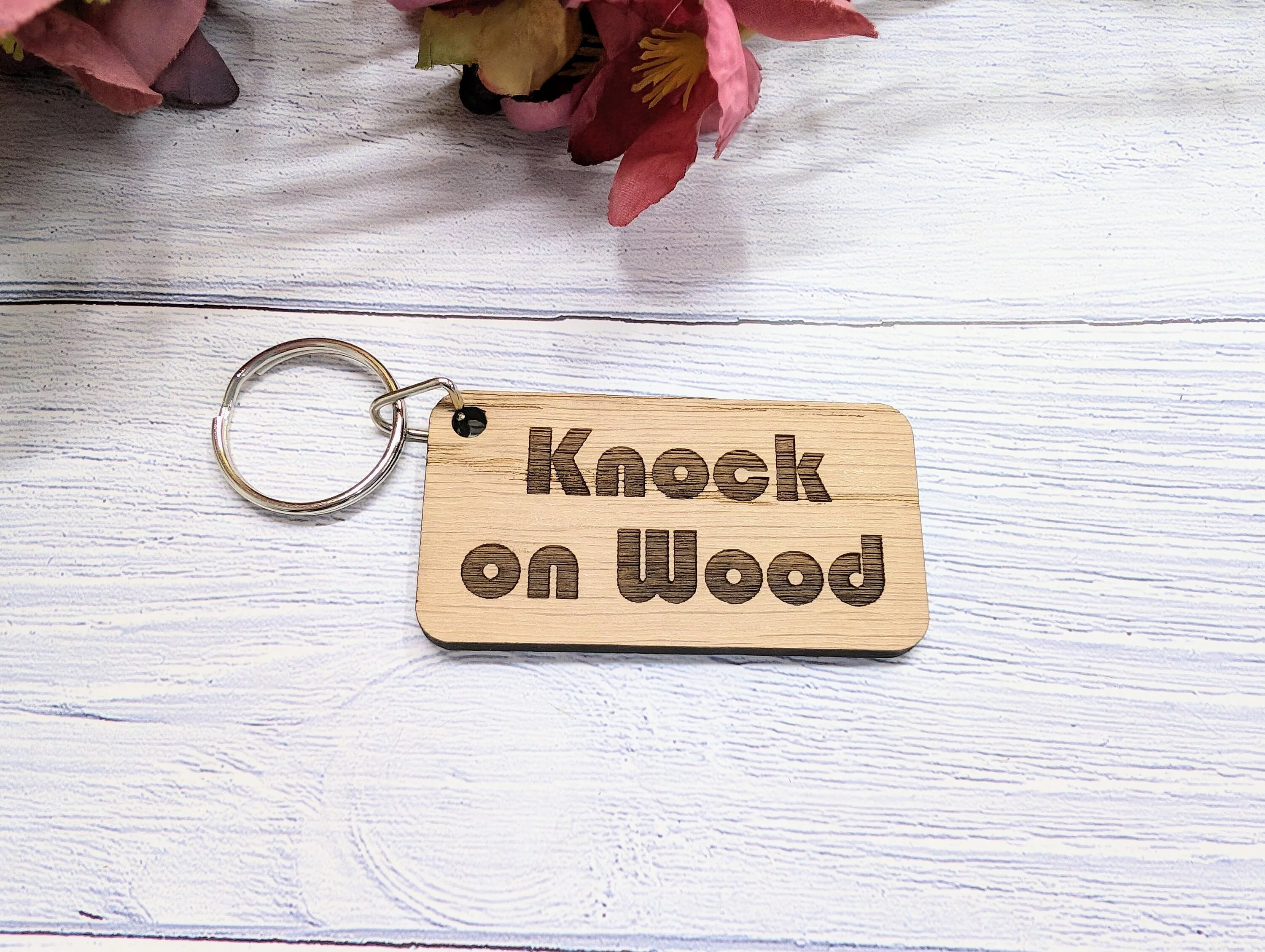 Knock on Wood Oak Veneer Keyring - 65x35mm, Superstition Inspired | Unique Good Luck Charm, Eco-Friendly, Perfect for Gift-Giving - Image 2