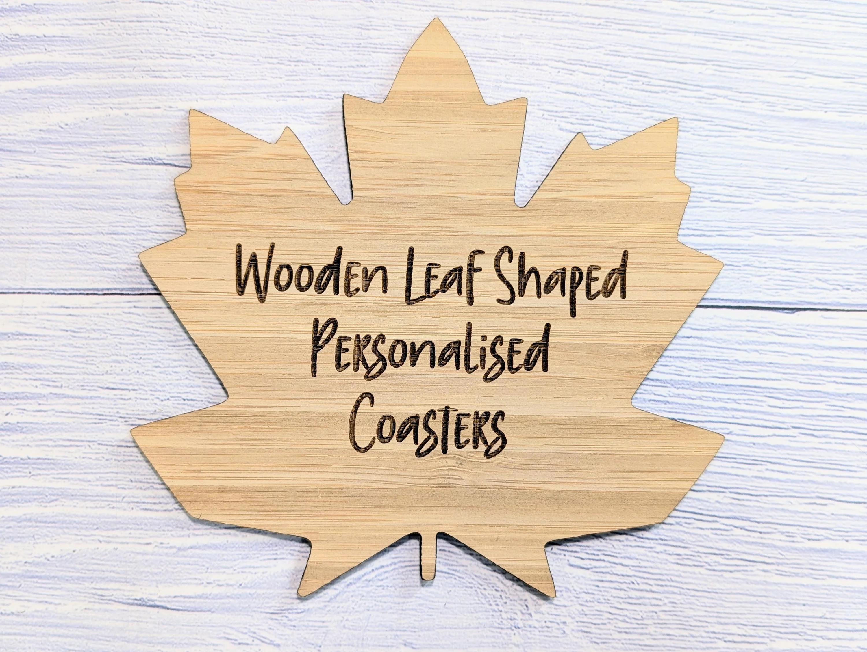 Leaf Shaped Bamboo Coasters - Personalised Text – Eco-Friendly Gift, Custom Message – Bespoke Sustainable Craft, 115mm Diameter - Image 3