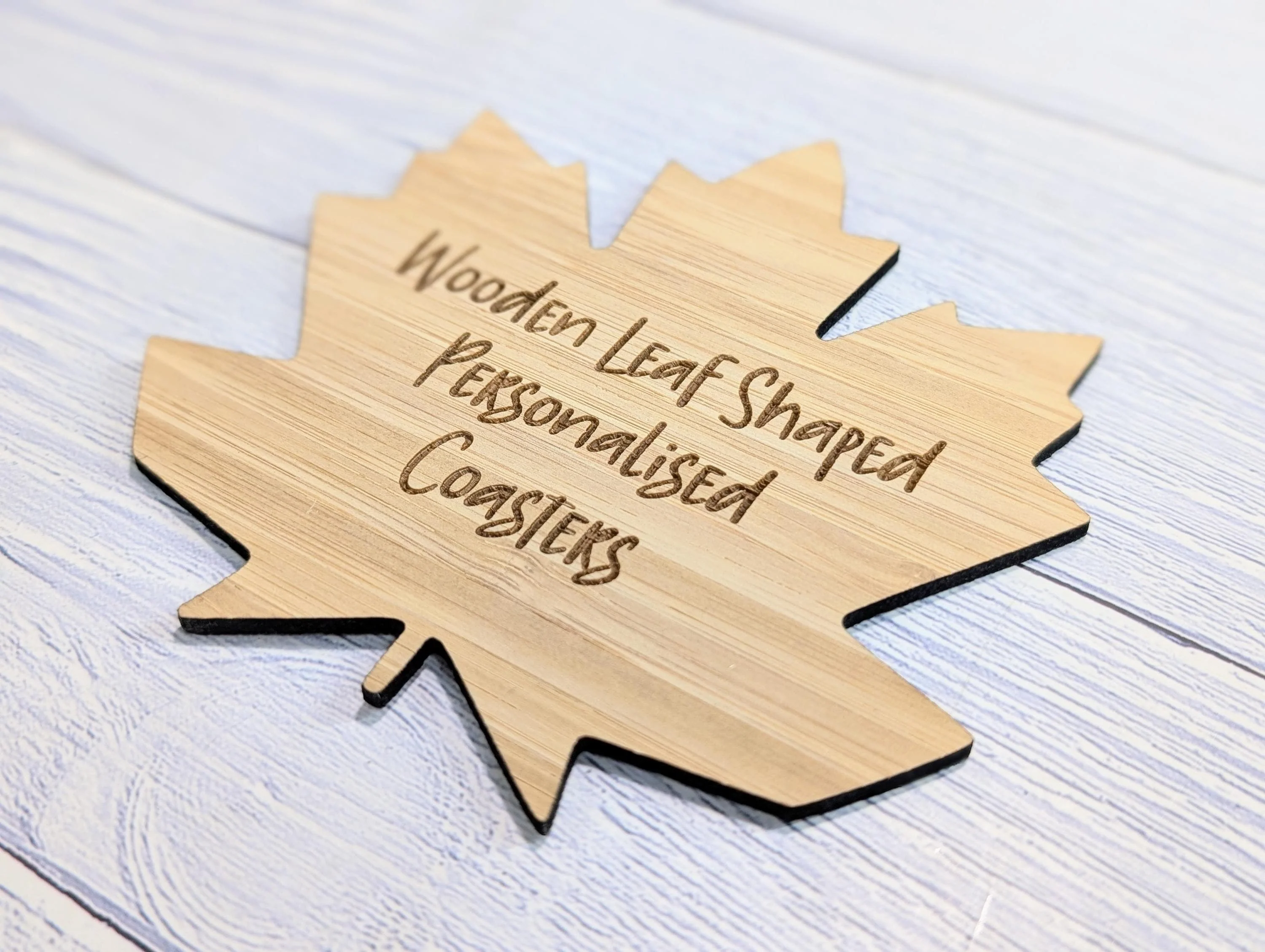 Leaf Shaped Bamboo Coasters - Personalised Text – Eco-Friendly Gift, Custom Message – Bespoke Sustainable Craft, 115mm Diameter - Image 4