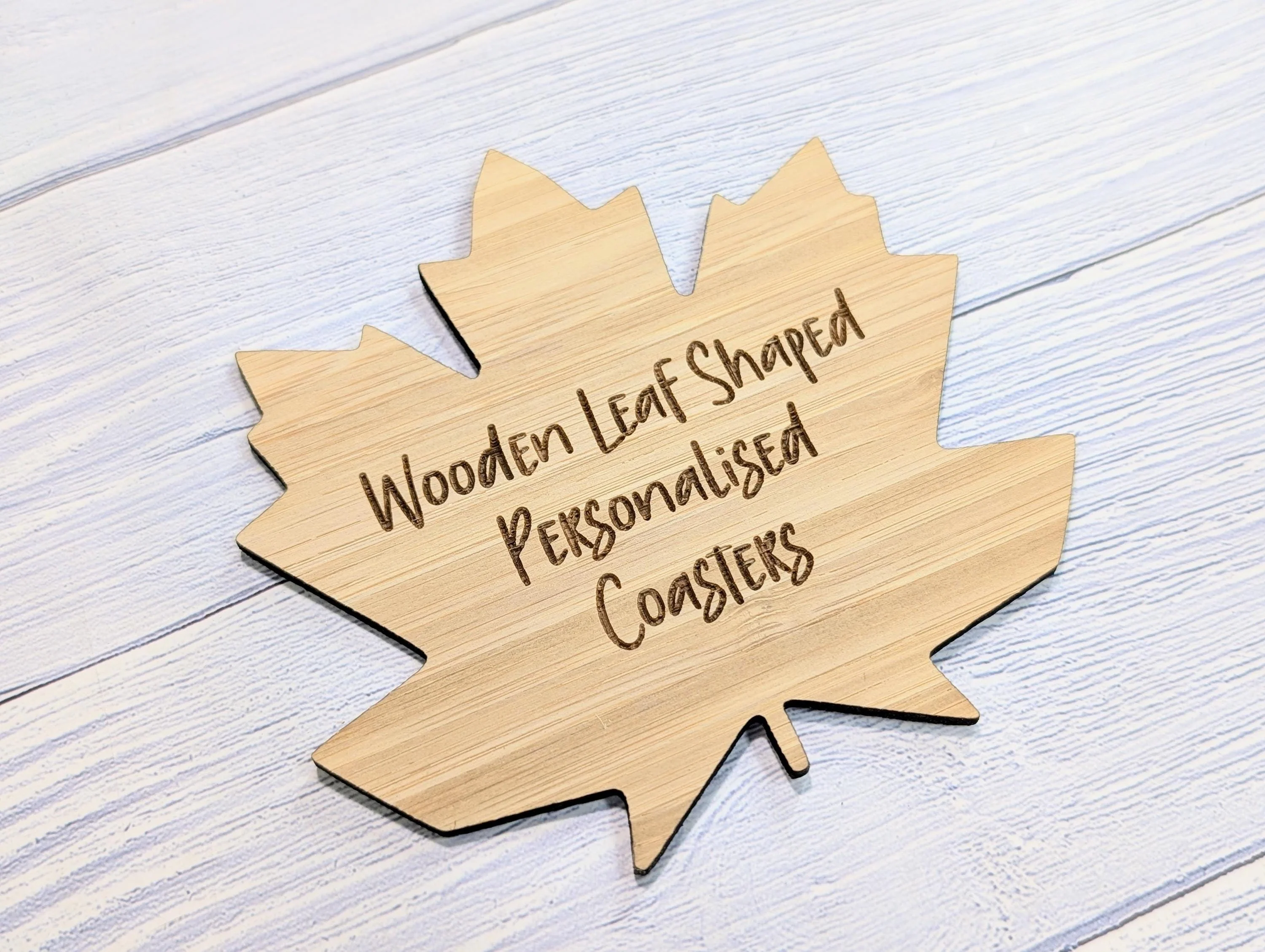 Leaf Shaped Bamboo Coasters - Personalised Text – Eco-Friendly Gift, Custom Message – Bespoke Sustainable Craft, 115mm Diameter - Image 5