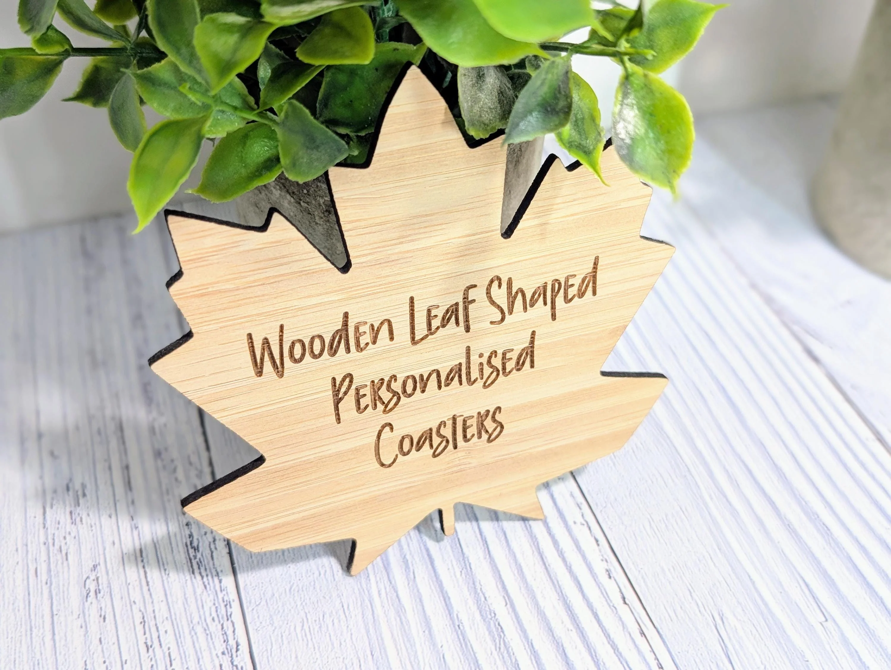 Leaf Shaped Bamboo Coasters - Personalised Text – Eco-Friendly Gift, Custom Message – Bespoke Sustainable Craft, 115mm Diameter - Image 6