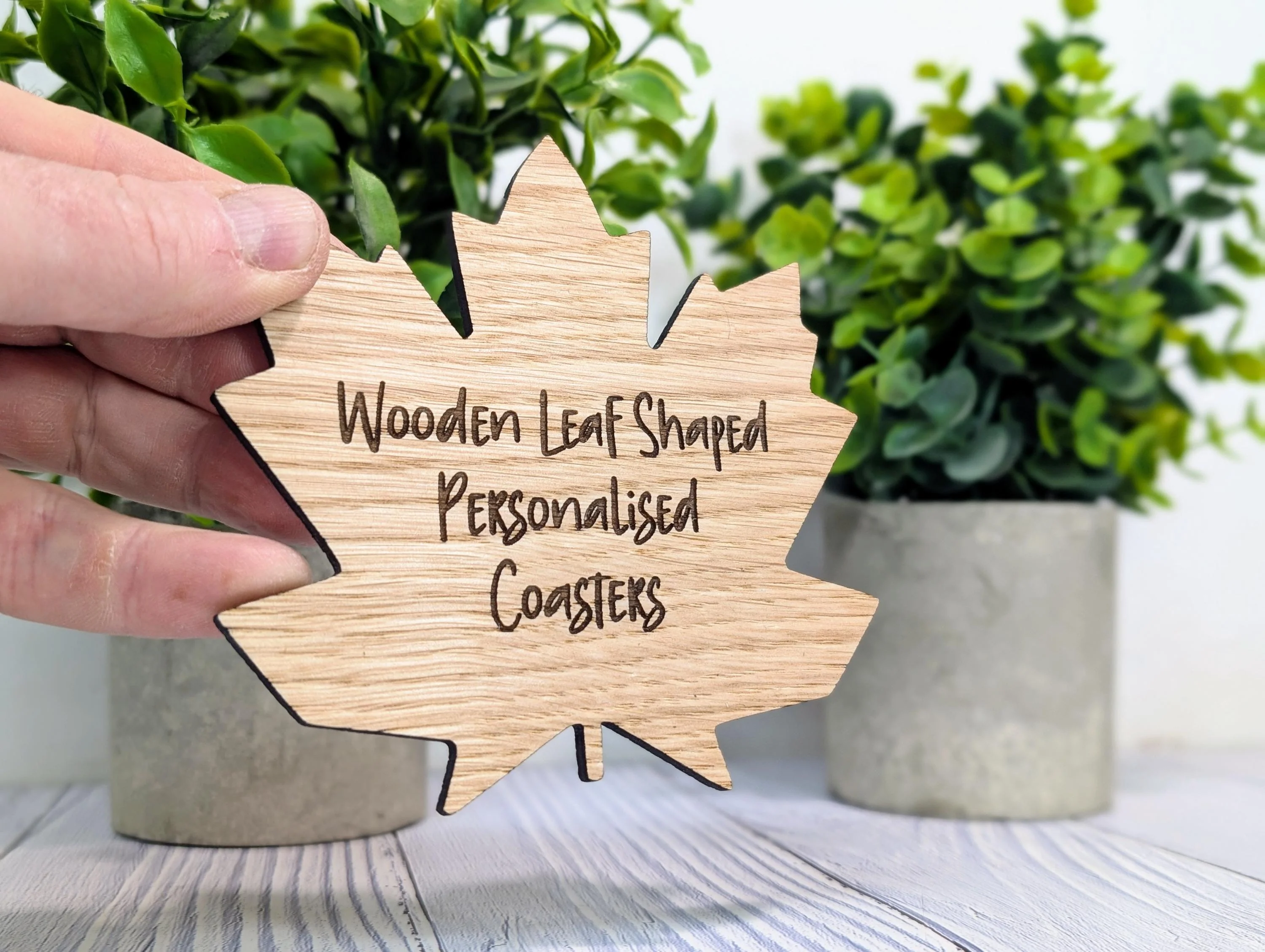 Leaf Shaped Wooden Coasters - Personalised Text – Eco-Friendly Gift, Custom Message – Bespoke Sustainable Craft, 115mm Diameter, Oak Wood - Image 2
