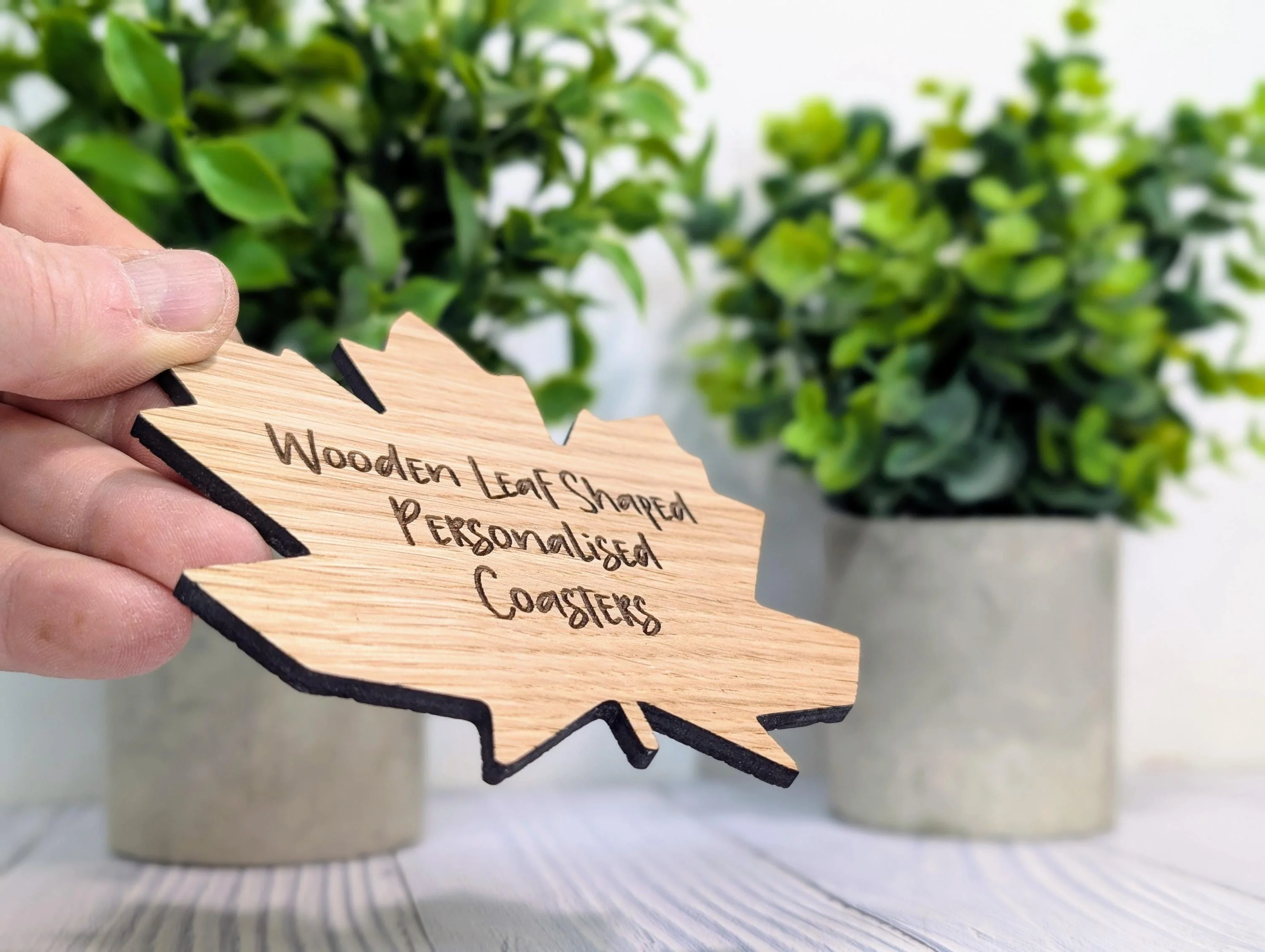 Leaf Shaped Wooden Coasters - Personalised Text – Eco-Friendly Gift, Custom Message – Bespoke Sustainable Craft, 115mm Diameter, Oak Wood - Image 3