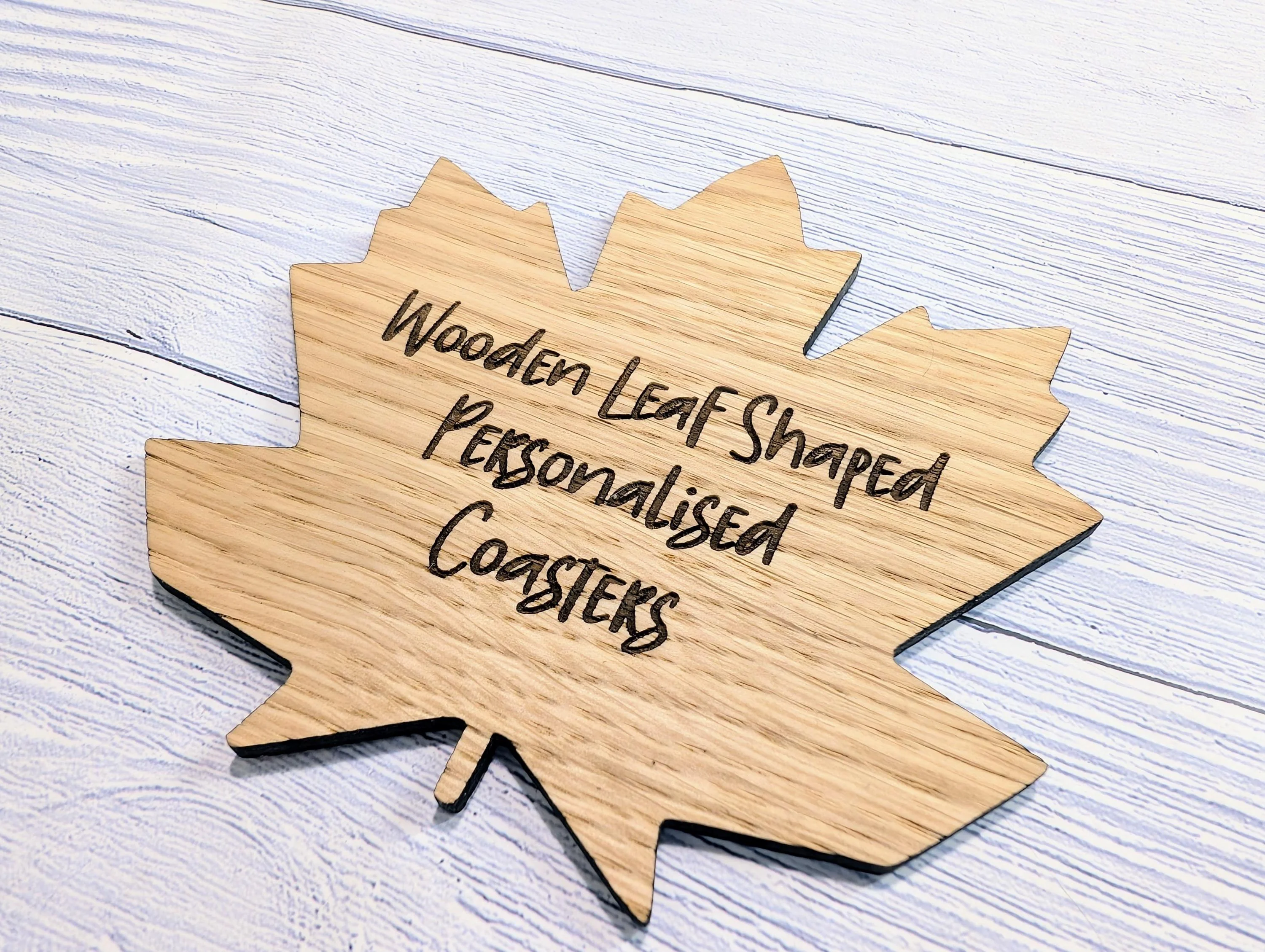 Leaf Shaped Wooden Coasters - Personalised Text – Eco-Friendly Gift, Custom Message – Bespoke Sustainable Craft, 115mm Diameter, Oak Wood - Image 5