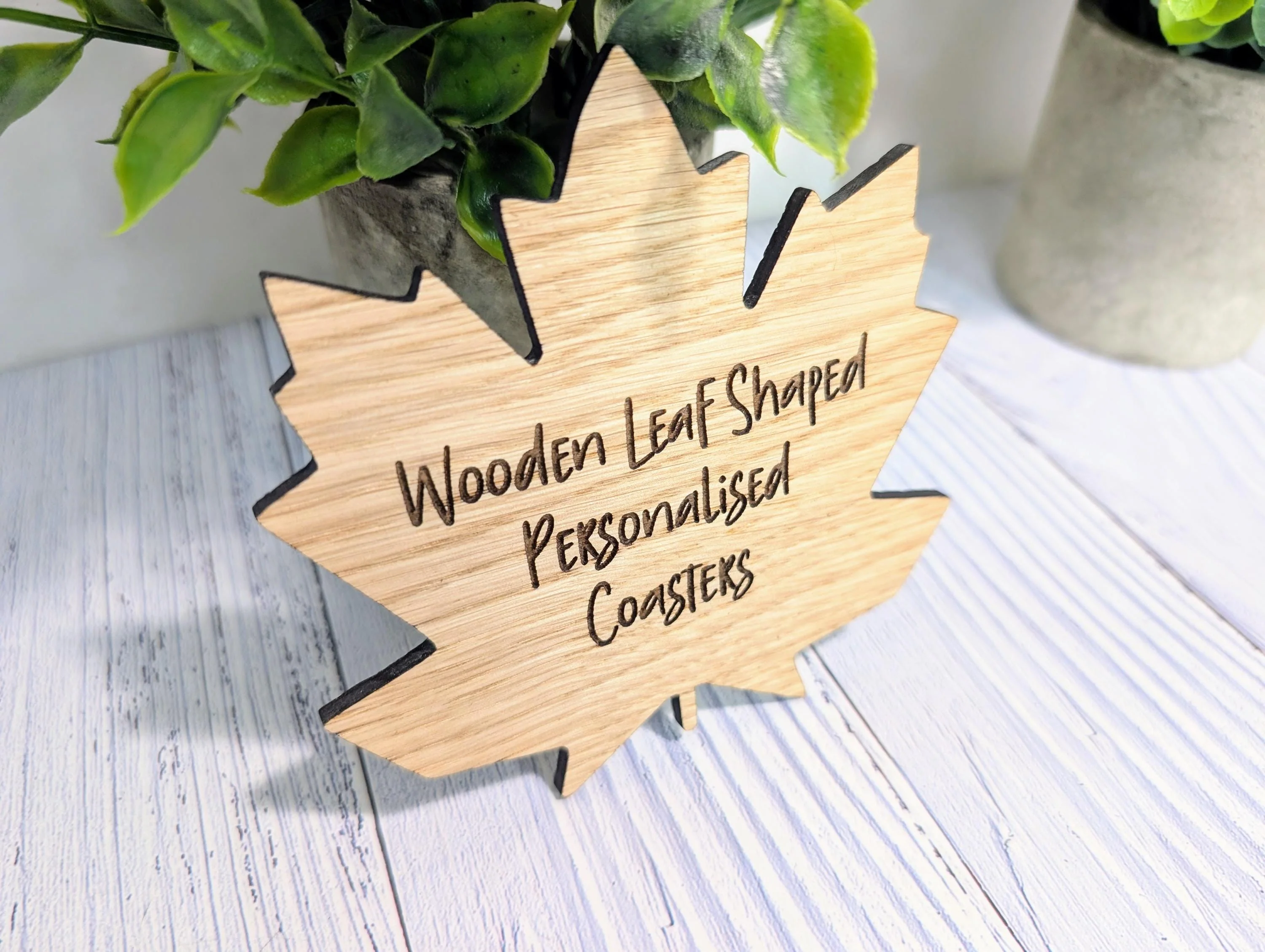 Leaf Shaped Wooden Coasters - Personalised Text – Eco-Friendly Gift, Custom Message – Bespoke Sustainable Craft, 115mm Diameter, Oak Wood - Image 6