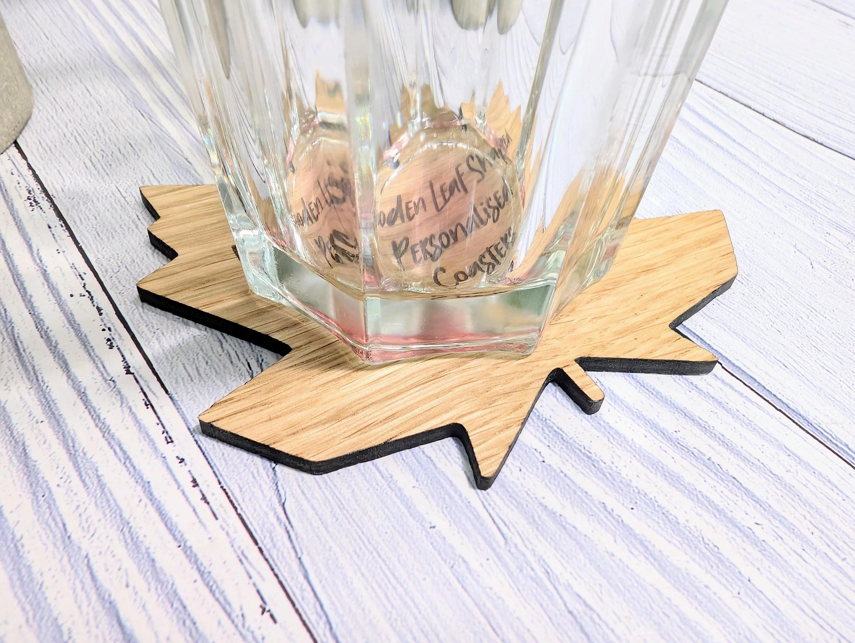 Leaf Shaped Wooden Coasters - Personalised Text – Eco-Friendly Gift, Custom Message – Bespoke Sustainable Craft, 115mm Diameter, Oak Wood - Image 9