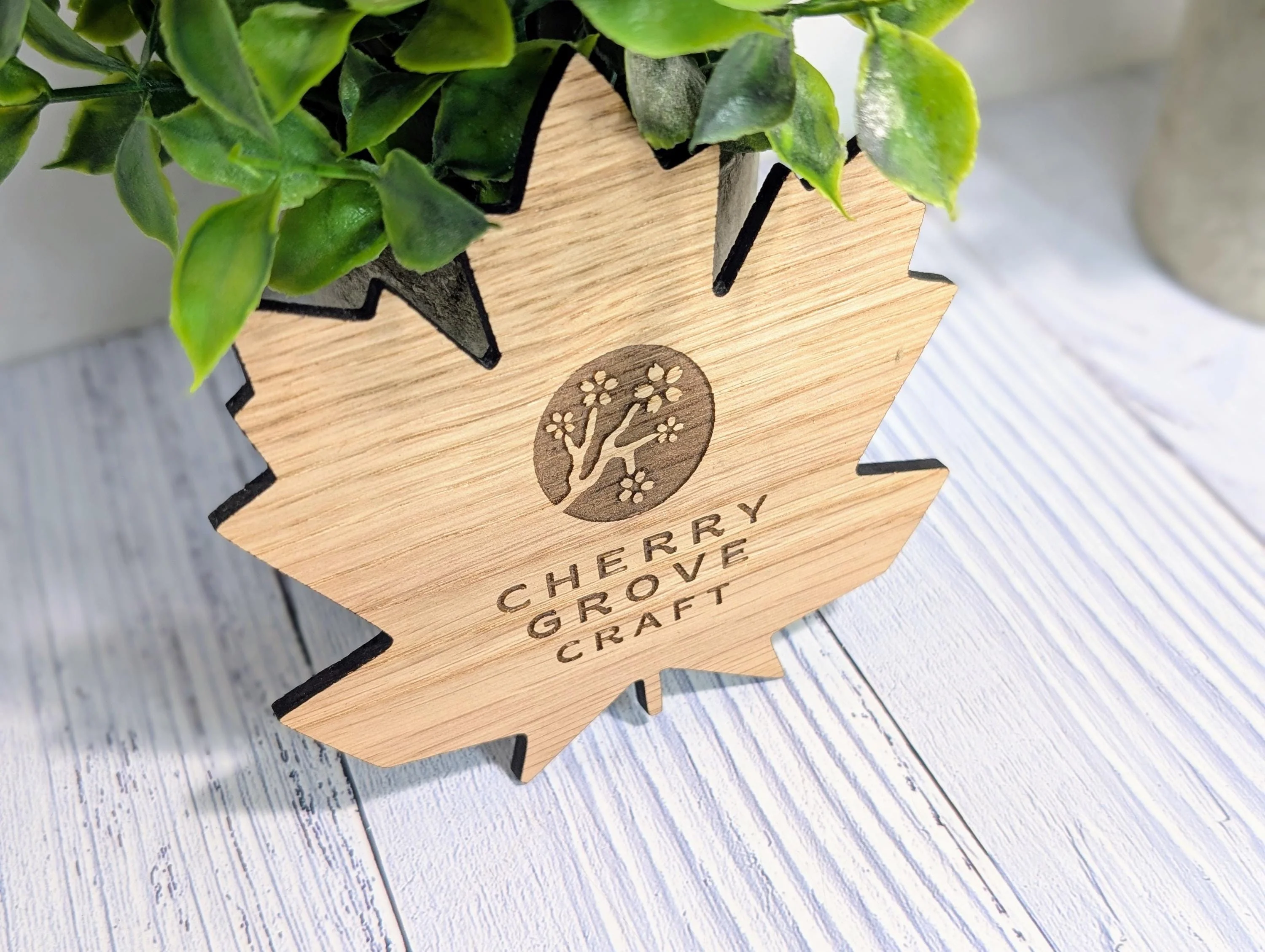 Leaf Shaped Wooden Logo Coasters - Personalised – Eco-Friendly Gift, Custom Branded – Bespoke Sustainable Craft, 115mm Diameter, Oak Wood - Image 6