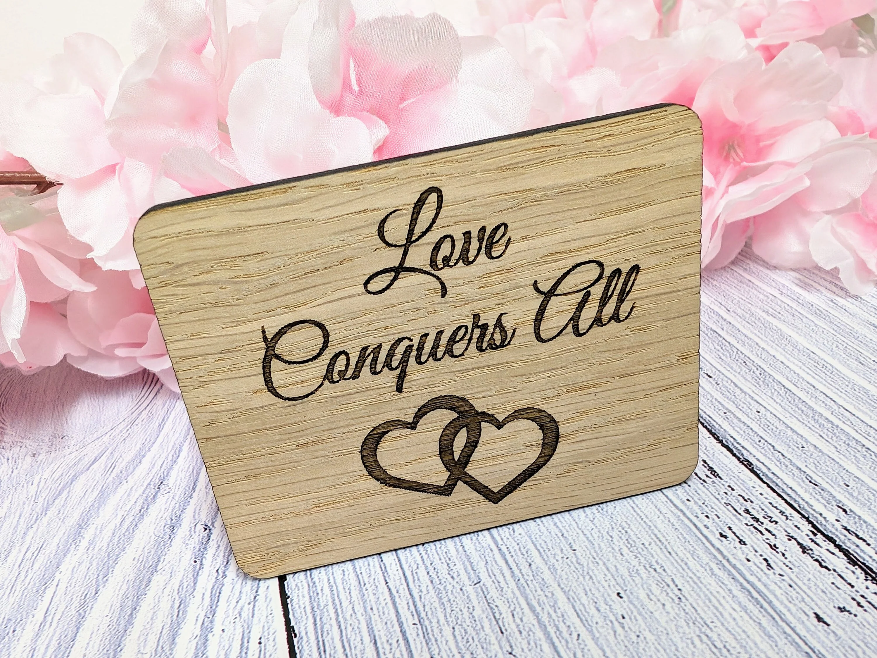 Love Conquers All - Wooden Fridge Magnet with Interlocking Hearts - Engraved - Image 3