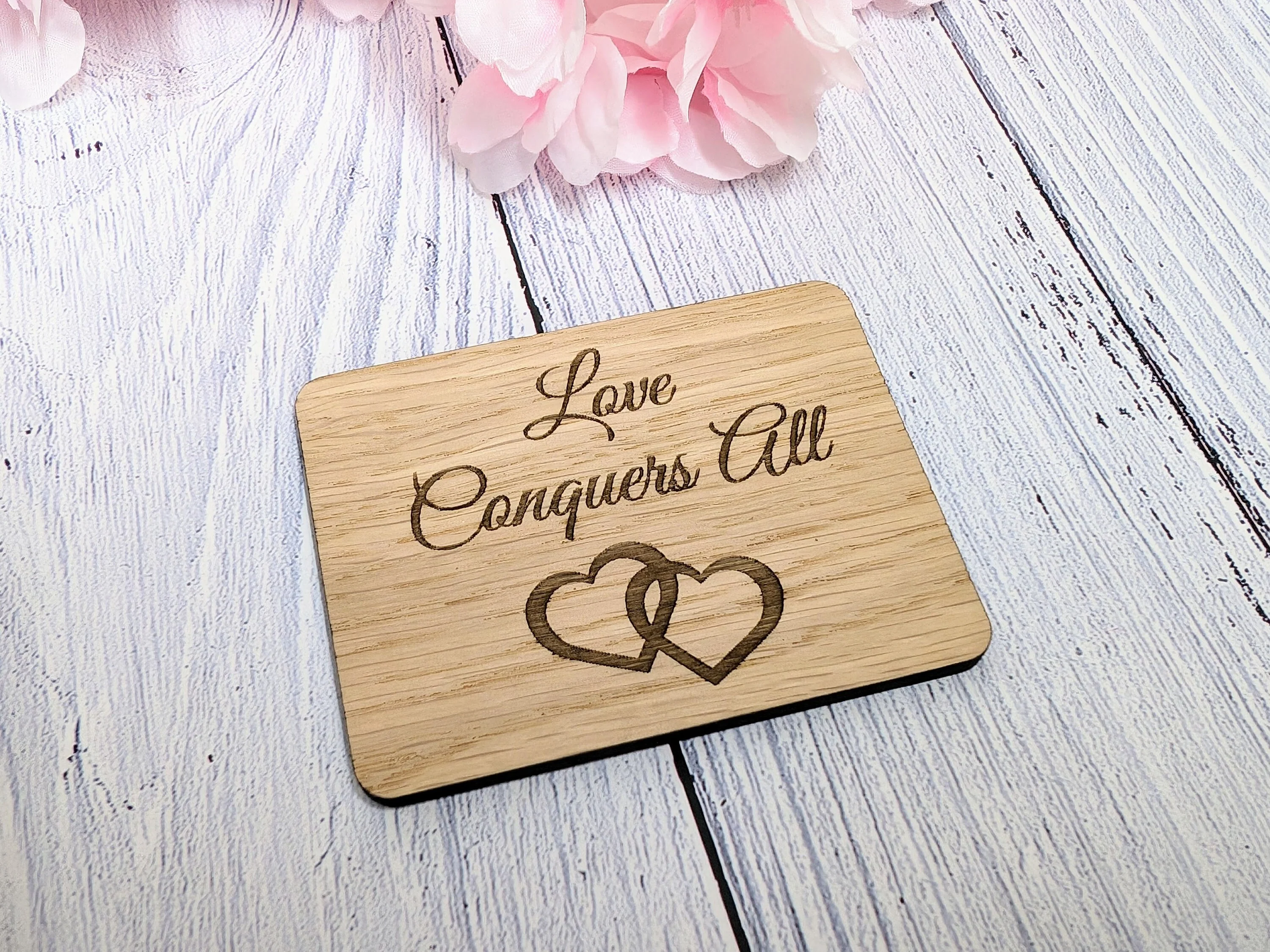 Love Conquers All - Wooden Fridge Magnet with Interlocking Hearts - Engraved - Image 4
