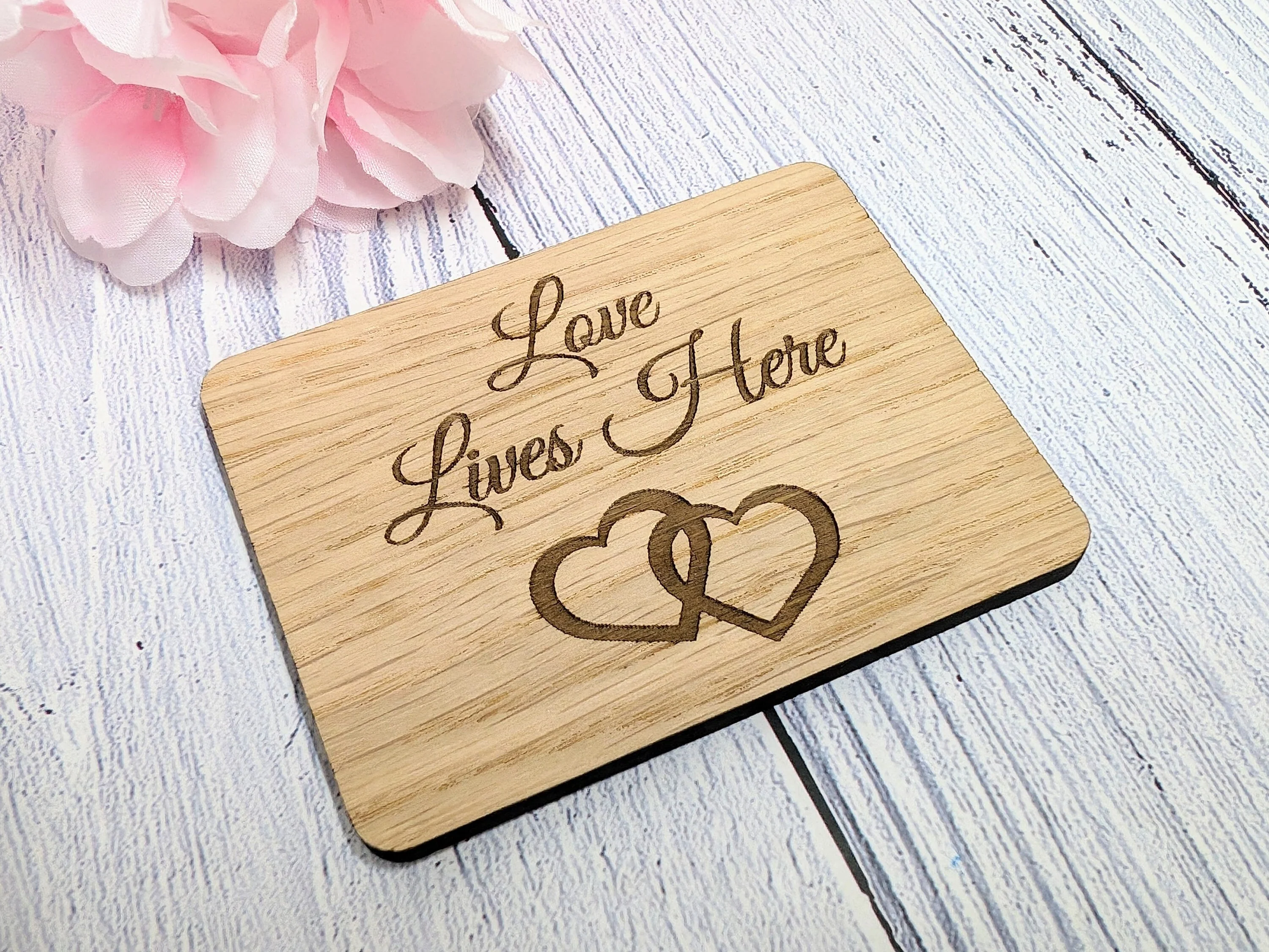 Love Lives Here - Wooden Fridge Magnet with Interlocking Hearts - Romantic Gift - Image 2