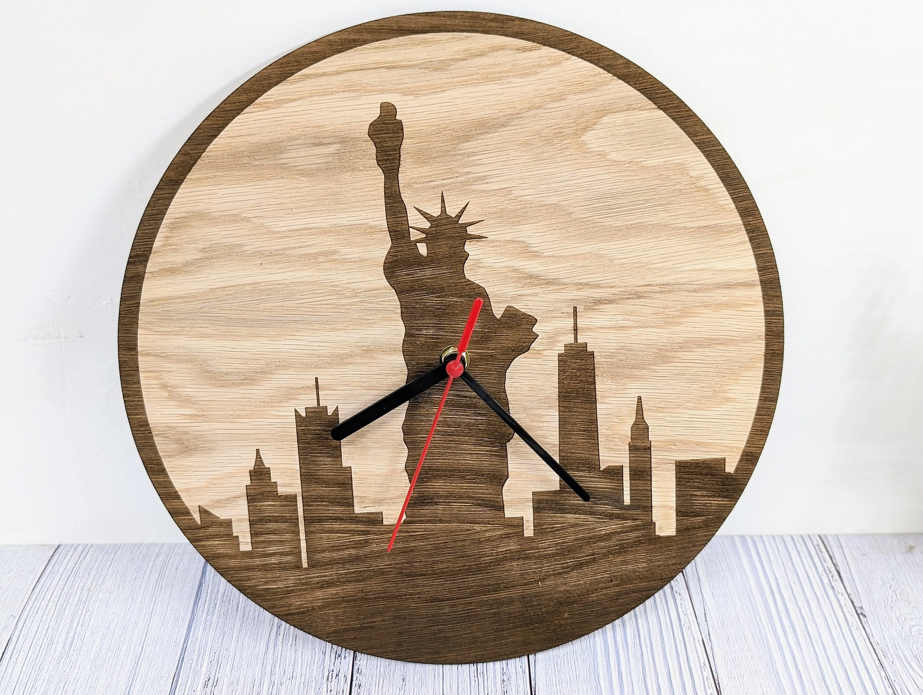 New York Skyline Wooden Clock - Urban Chic Wall Decor, Stylish Cityscape Timepiece, Oak Veneer, Engraved Skyline, NYC Wall Art - Image 4