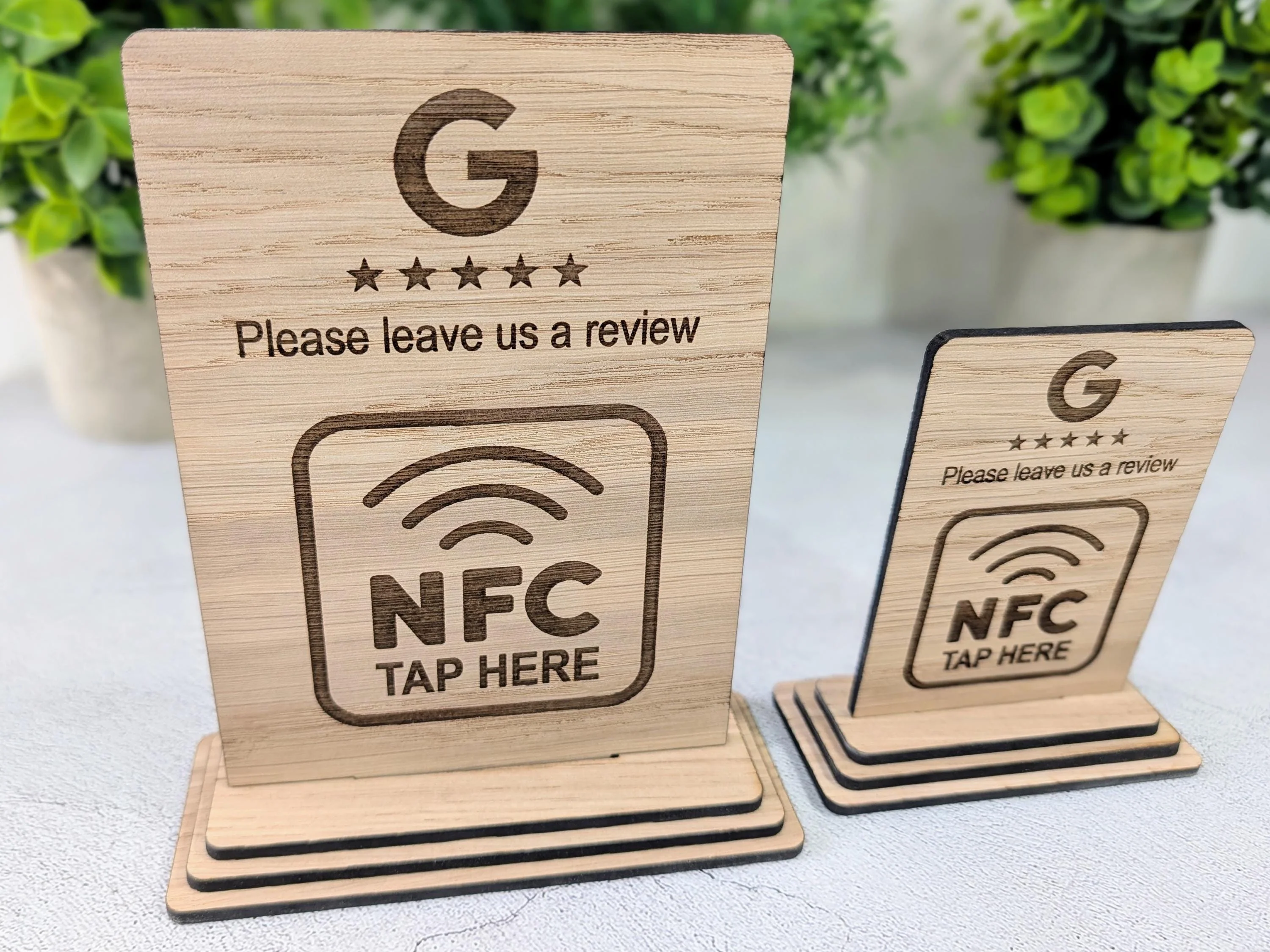 NFC Google Review Sign – Oak Veneered Business Review Display, Tap to Review Stand, Eco Friendly Wood, Plastic-Free, 2 Sizes - Image 3