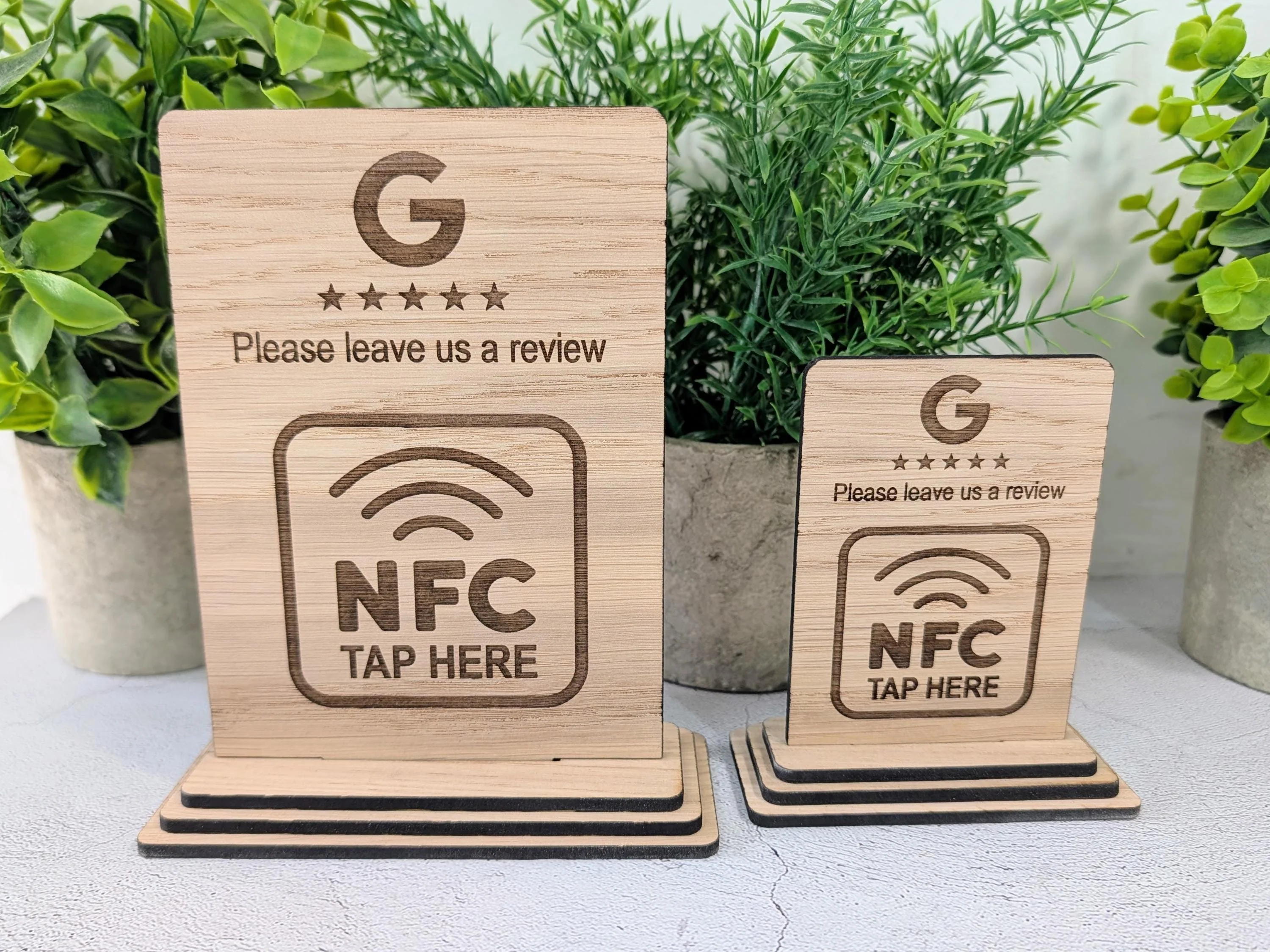 NFC Google Review Sign – Oak Veneered Business Review Display, Tap to Review Stand, Eco Friendly Wood, Plastic-Free, 2 Sizes - Image 5