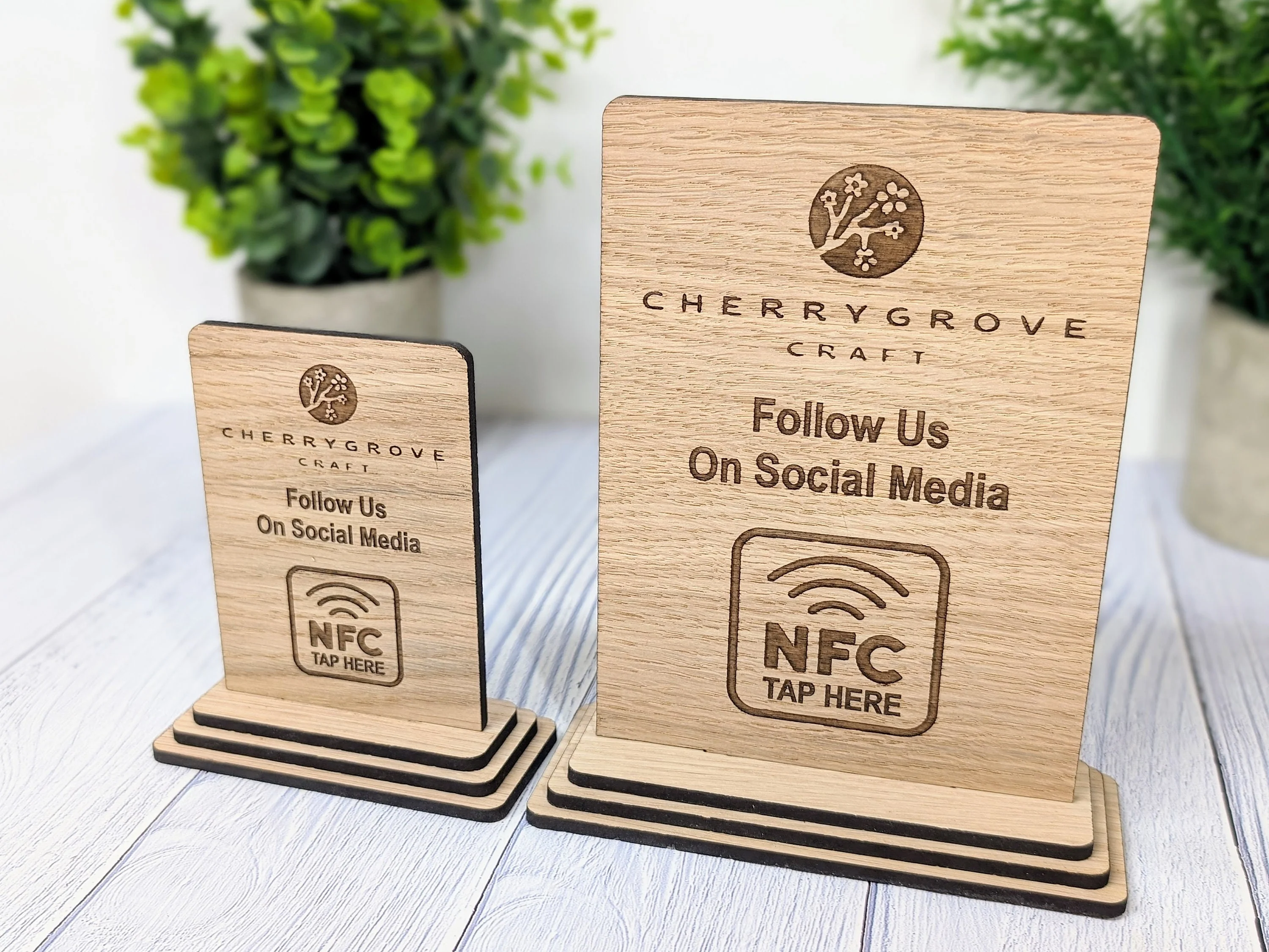NFC 'Tap Here' Wooden Follow Us Sign - Personalised Logo, Eco-Friendly, Handmade, Social Media Link, NFC tag, 2 Sizes, Custom Signage - Image 2