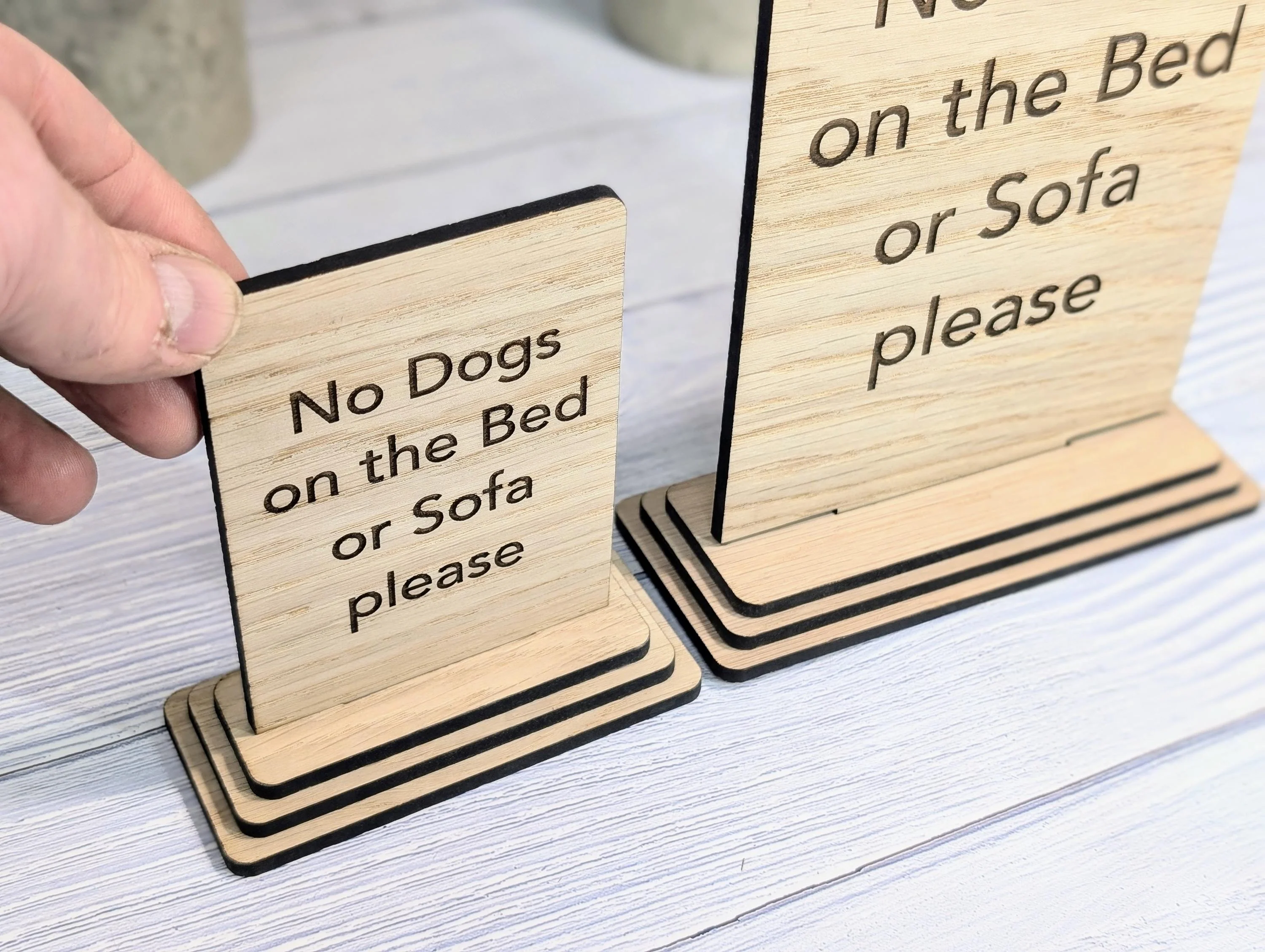 No Dogs on the Bed or Furniture Please | Personalised Wooden Sign | Two Sizes | Custom Pet Rules Freestanding Table Sign | Removable Base - Image 2