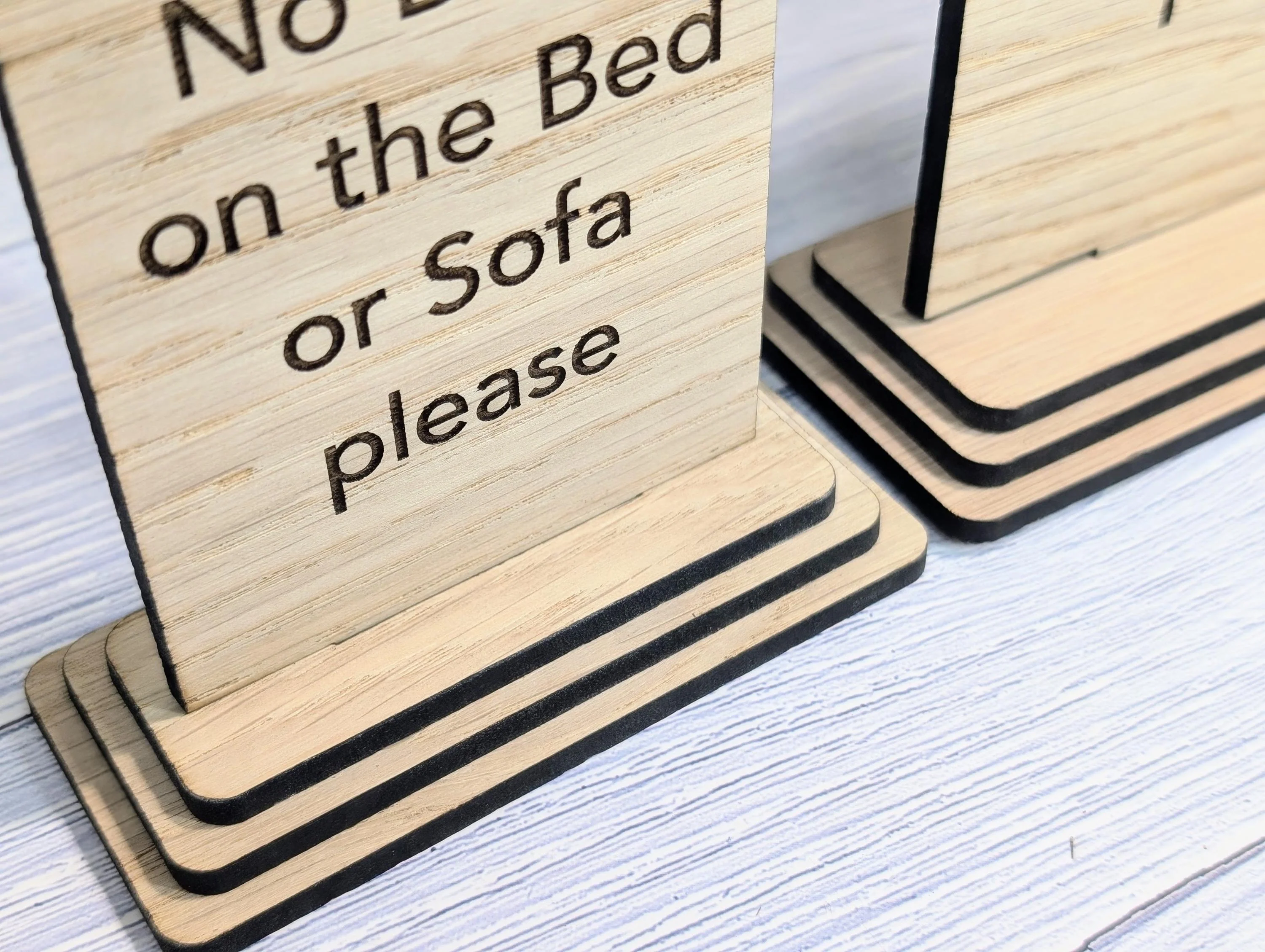 No Dogs on the Bed or Furniture Please | Personalised Wooden Sign | Two Sizes | Custom Pet Rules Freestanding Table Sign | Removable Base - Image 3