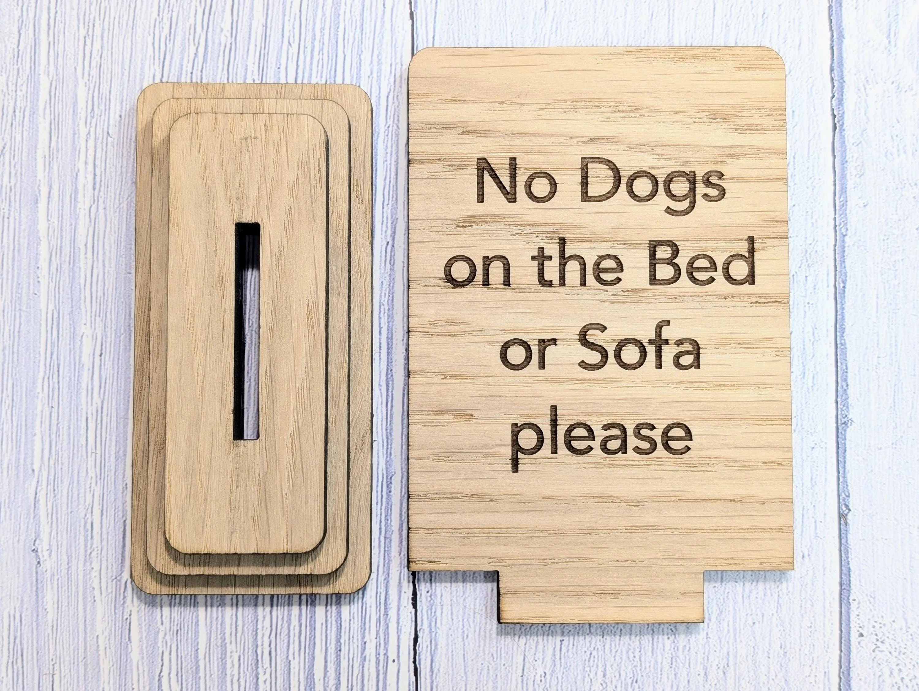 No Dogs on the Bed or Furniture Please | Personalised Wooden Sign | Two Sizes | Custom Pet Rules Freestanding Table Sign | Removable Base - Image 5