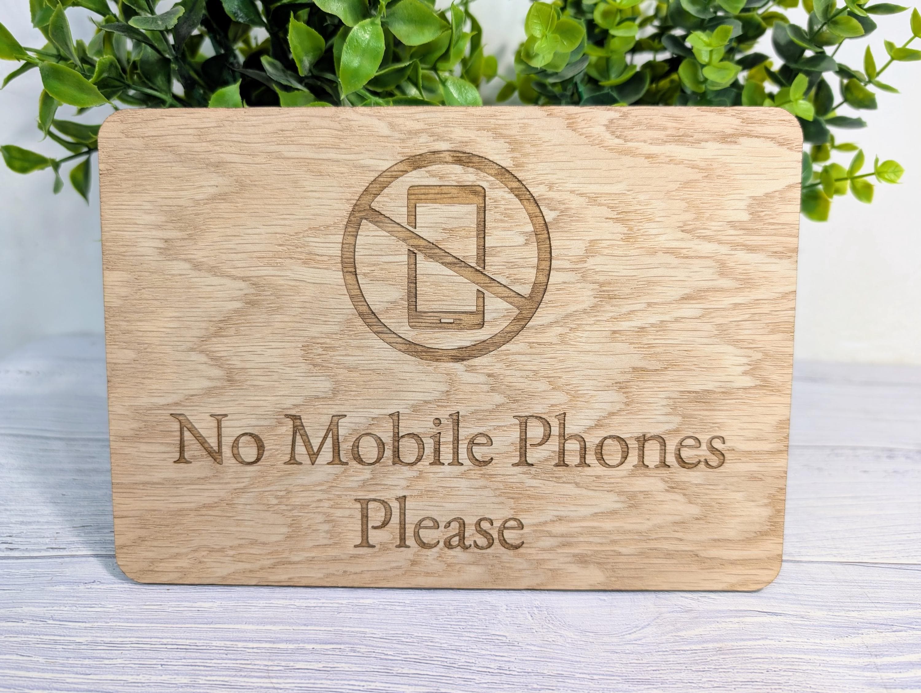 No Mobile Phones Sign – Wooden Oak Veneer Plaque – Freestanding No Phones Sign for Shops & Cafés – Optional Counter Stand - Image 5