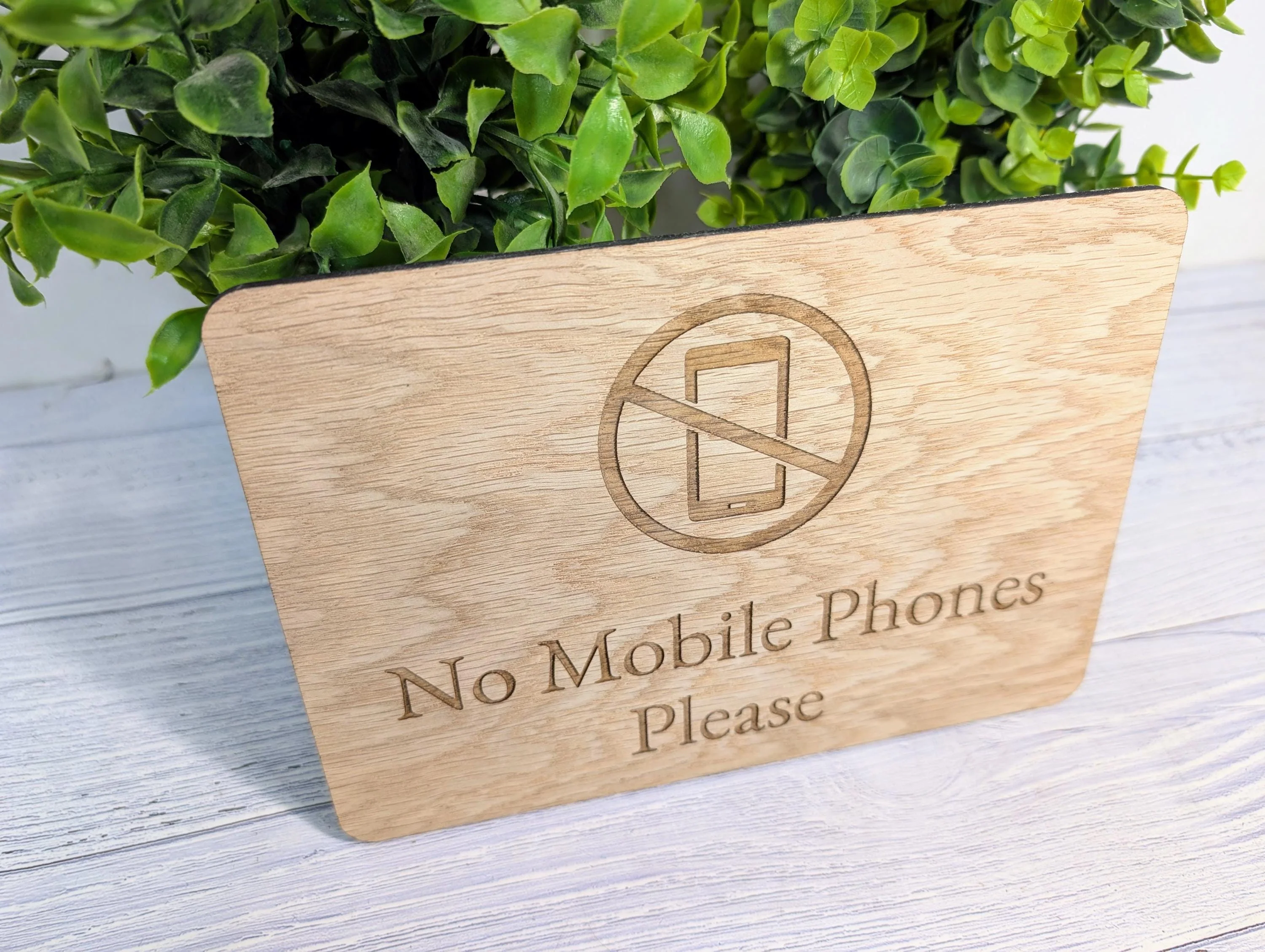 No Mobile Phones Sign – Wooden Oak Veneer Plaque – Freestanding No Phones Sign for Shops & Cafés – Optional Counter Stand - Image 7