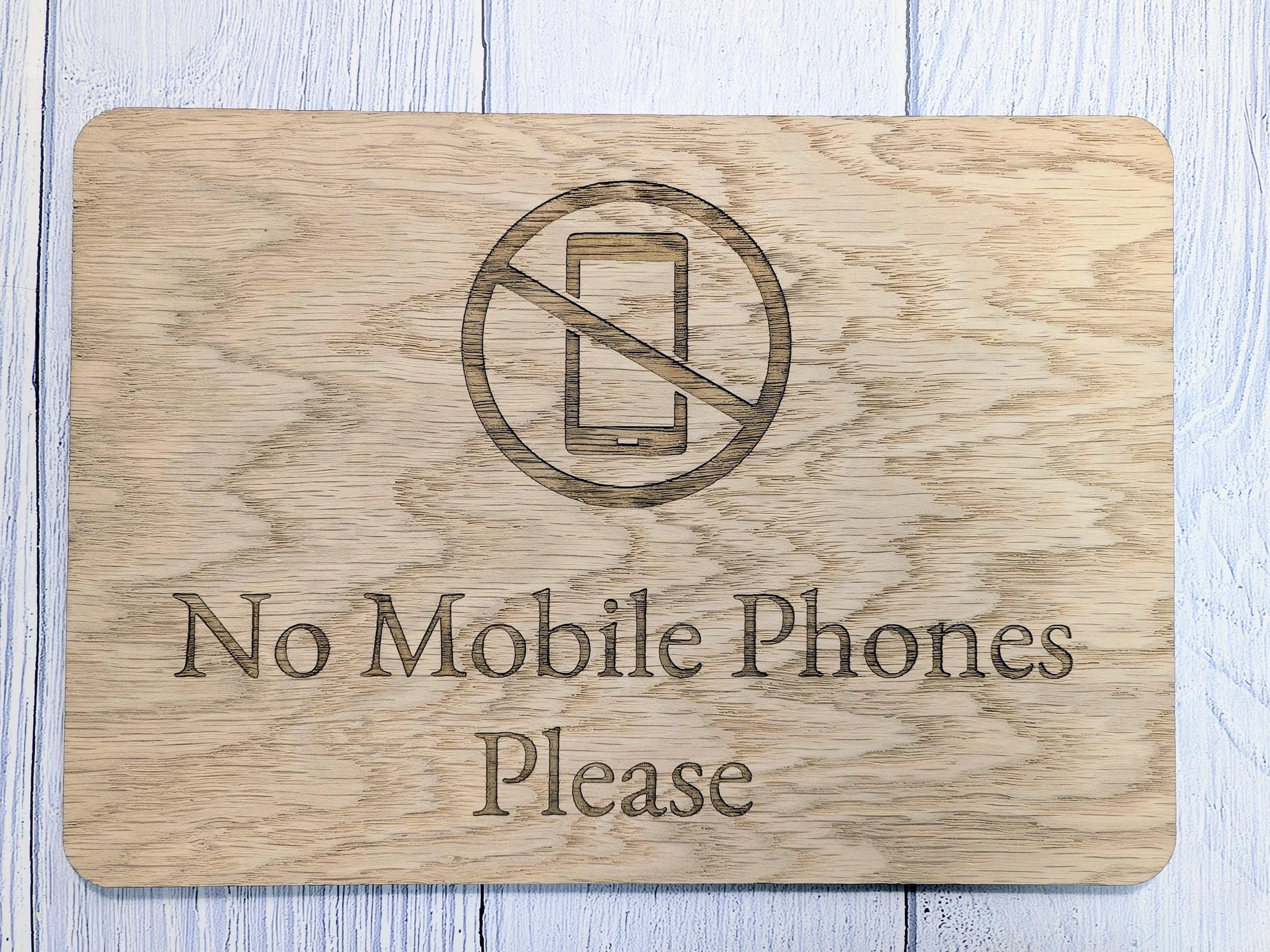 No Mobile Phones Sign – Wooden Oak Veneer Plaque – Freestanding No Phones Sign for Shops & Cafés – Optional Counter Stand - Image 9