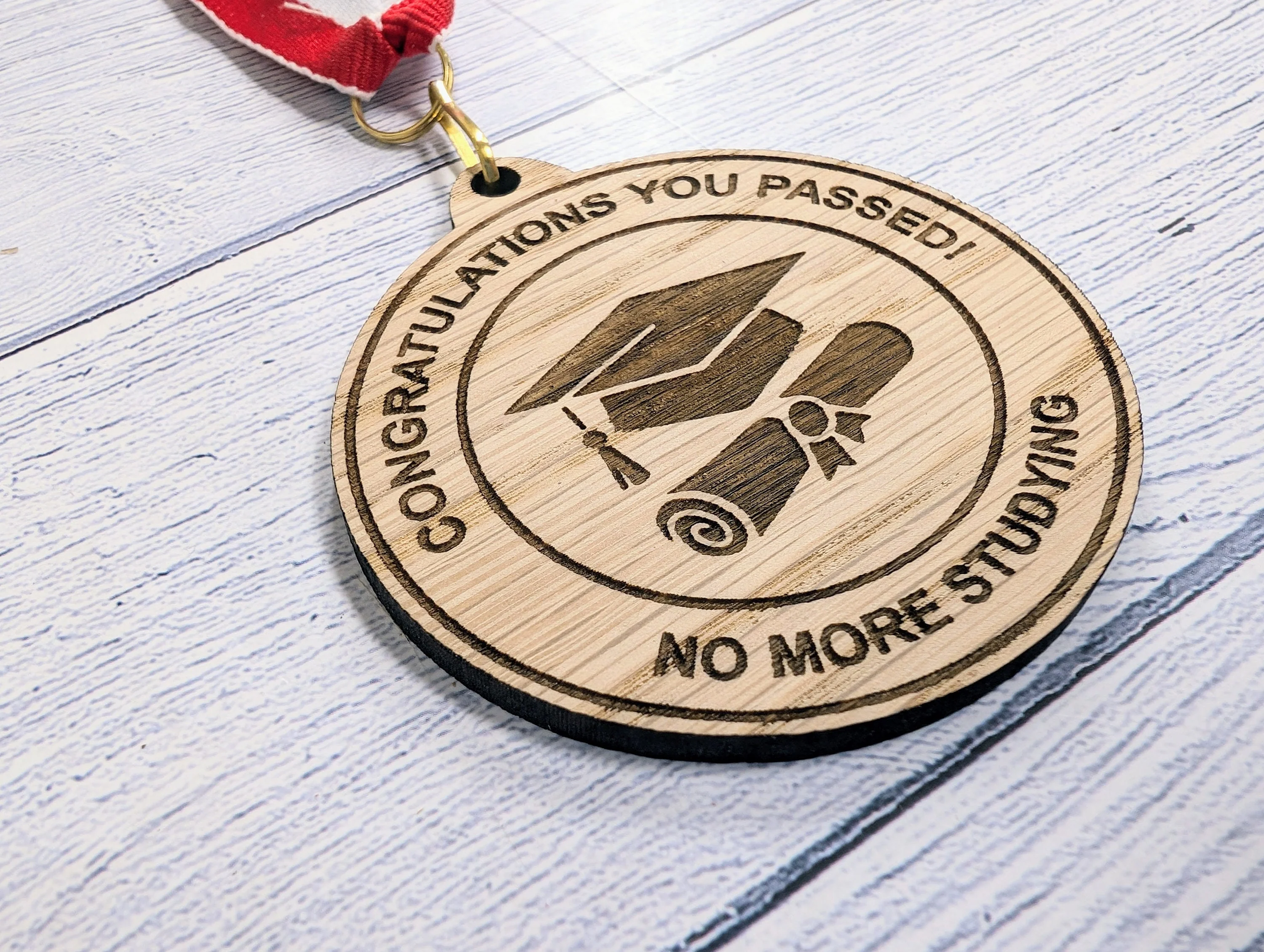 Passed Your Exams - No More Studying Wooden Medal | Graduation Hat & Certificate Design | Personalised Student Gift - Image 3