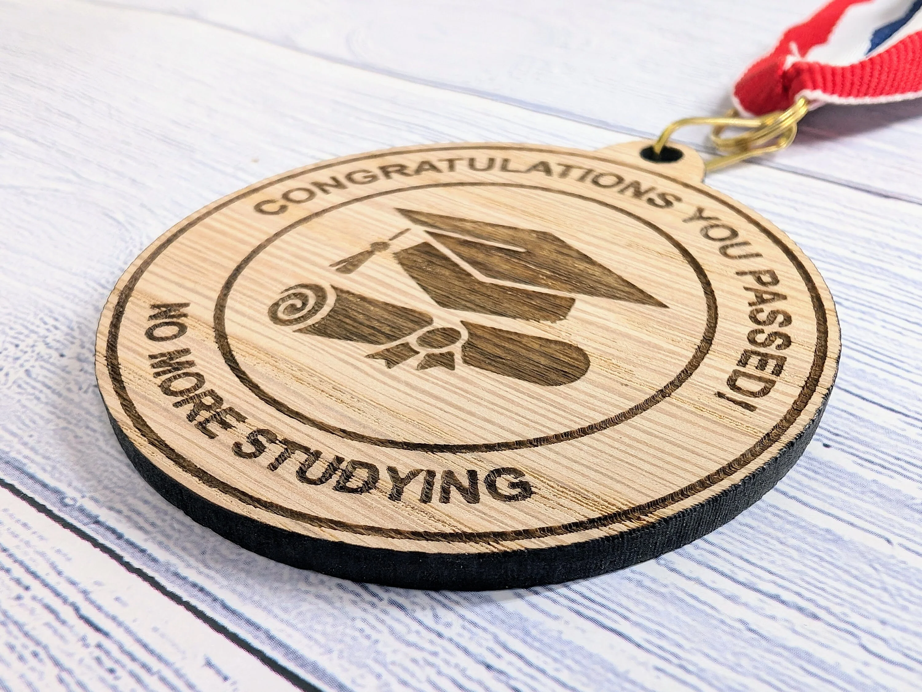 Passed Your Exams - No More Studying Wooden Medal | Graduation Hat & Certificate Design | Personalised Student Gift - Image 4