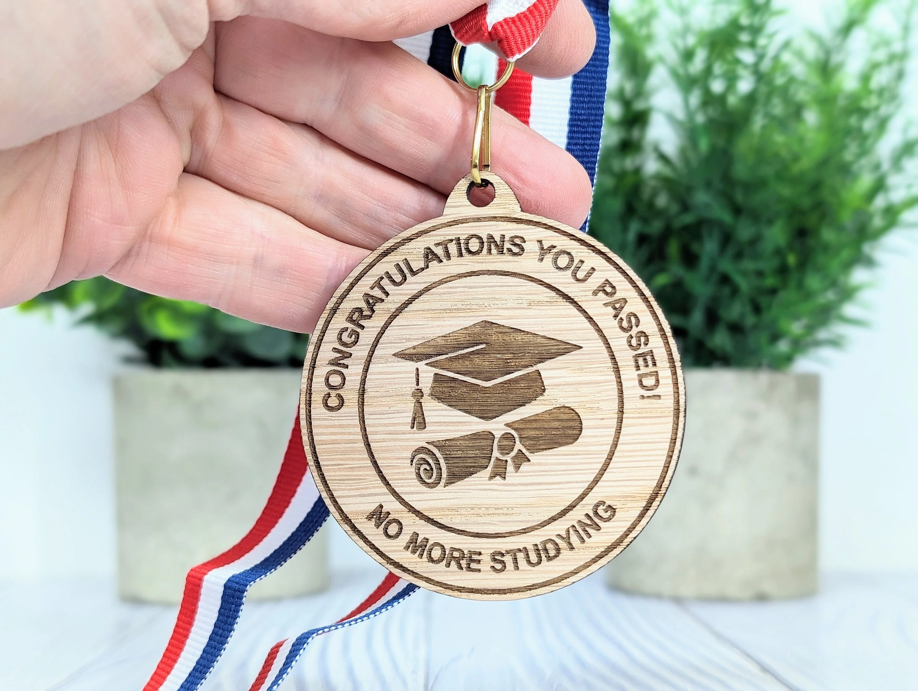 Passed Your Exams - No More Studying Wooden Medal | Graduation Hat & Certificate Design | Personalised Student Gift - Image 9