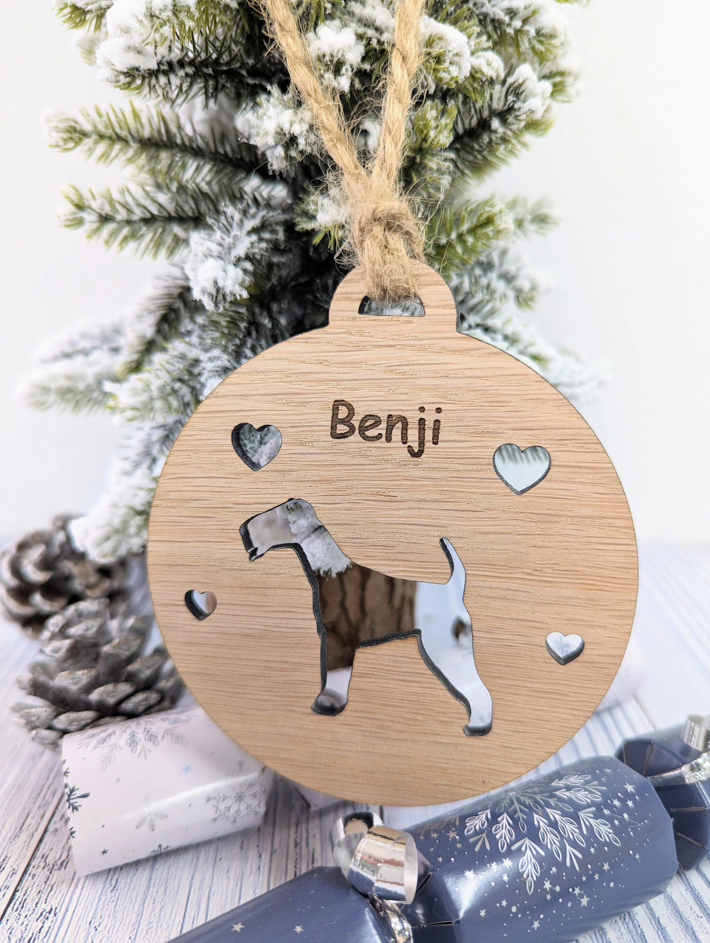 Personalised Airedale Terrier Christmas Bauble in Oak Veneer MDF - Rustic Jute String - Stars or Hearts Cut-Out - Airedale Terrier Gift - Image 2