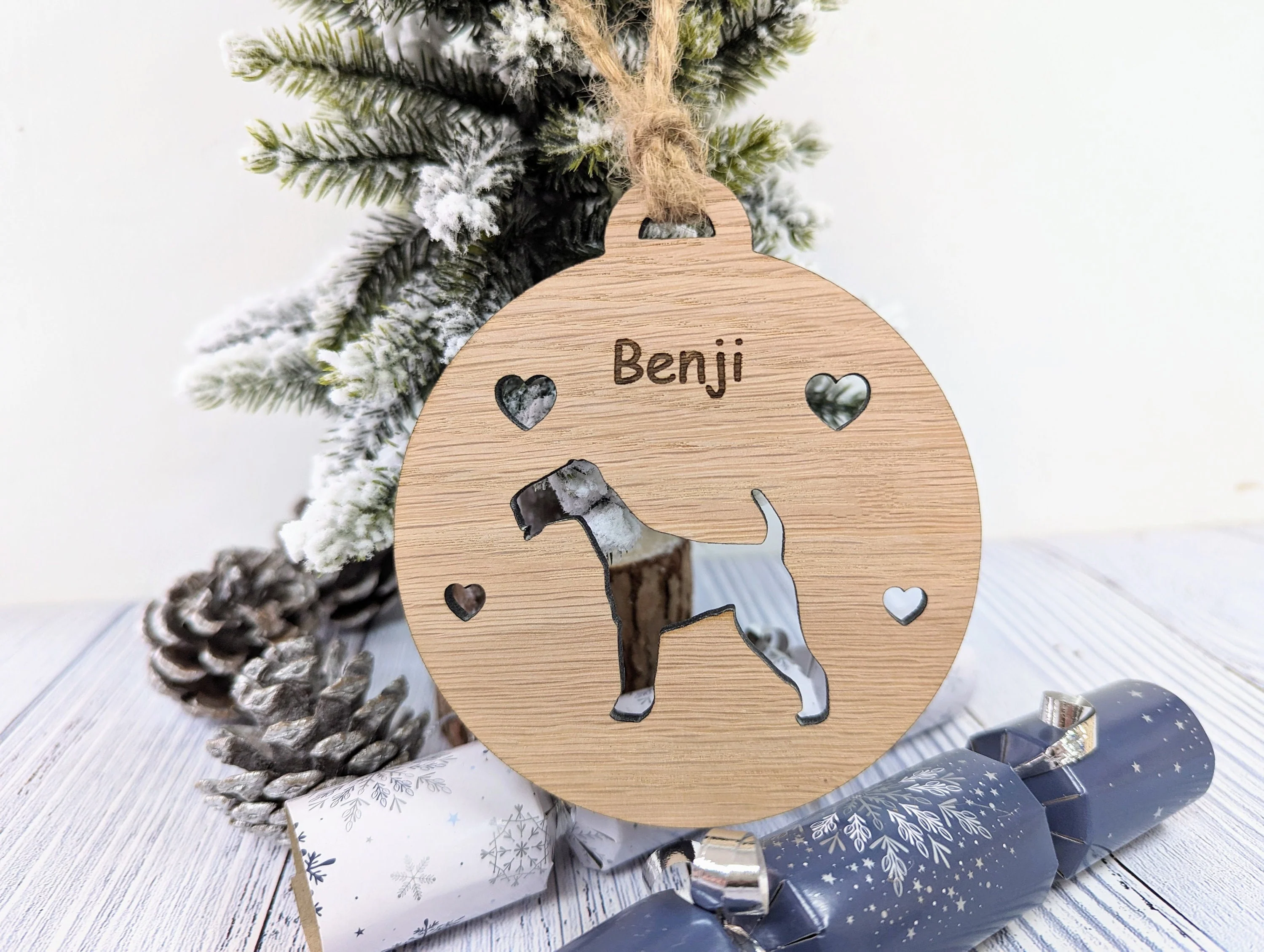 Personalised Airedale Terrier Christmas Bauble in Oak Veneer MDF - Rustic Jute String - Stars or Hearts Cut-Out - Airedale Terrier Gift - Image 4