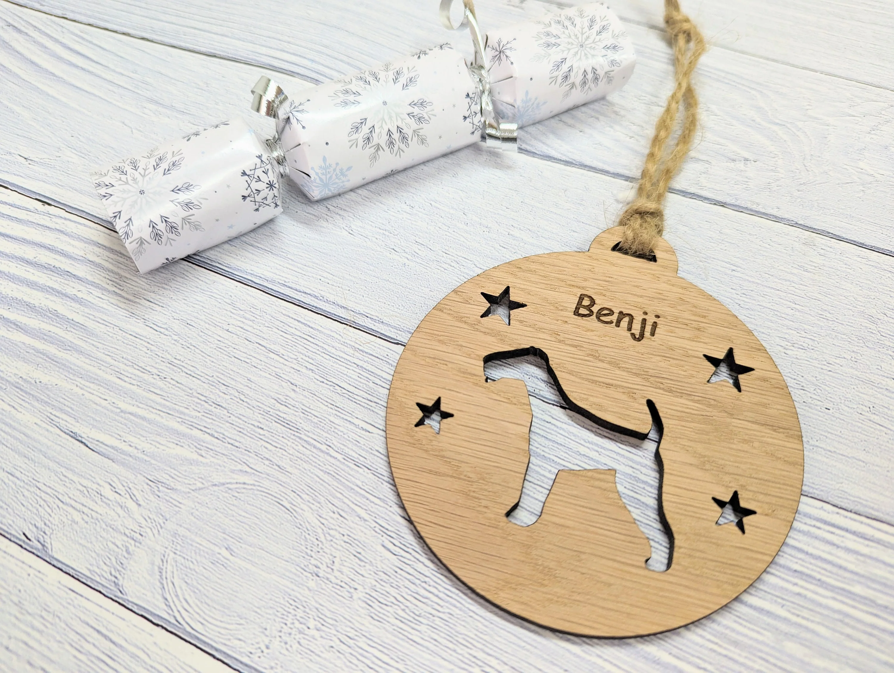 Personalised Airedale Terrier Christmas Bauble in Oak Veneer MDF - Rustic Jute String - Stars or Hearts Cut-Out - Airedale Terrier Gift - Image 5