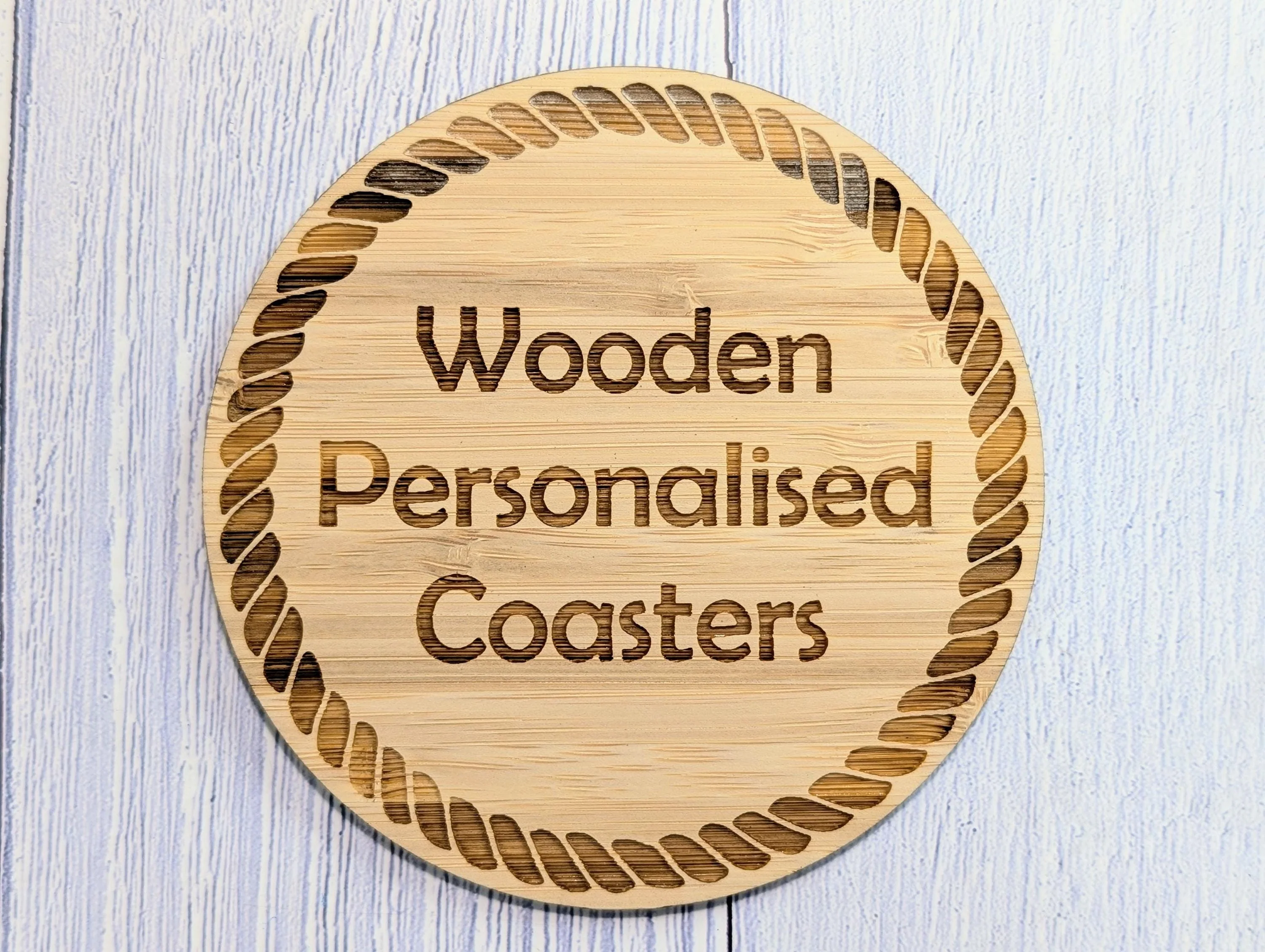 Personalised Bamboo Coasters, Rope Border – Custom Text, Nautical Gift, Eco-Friendly Boat Gift, Sustainable Craft, Round 100mm Diameter - Image 5