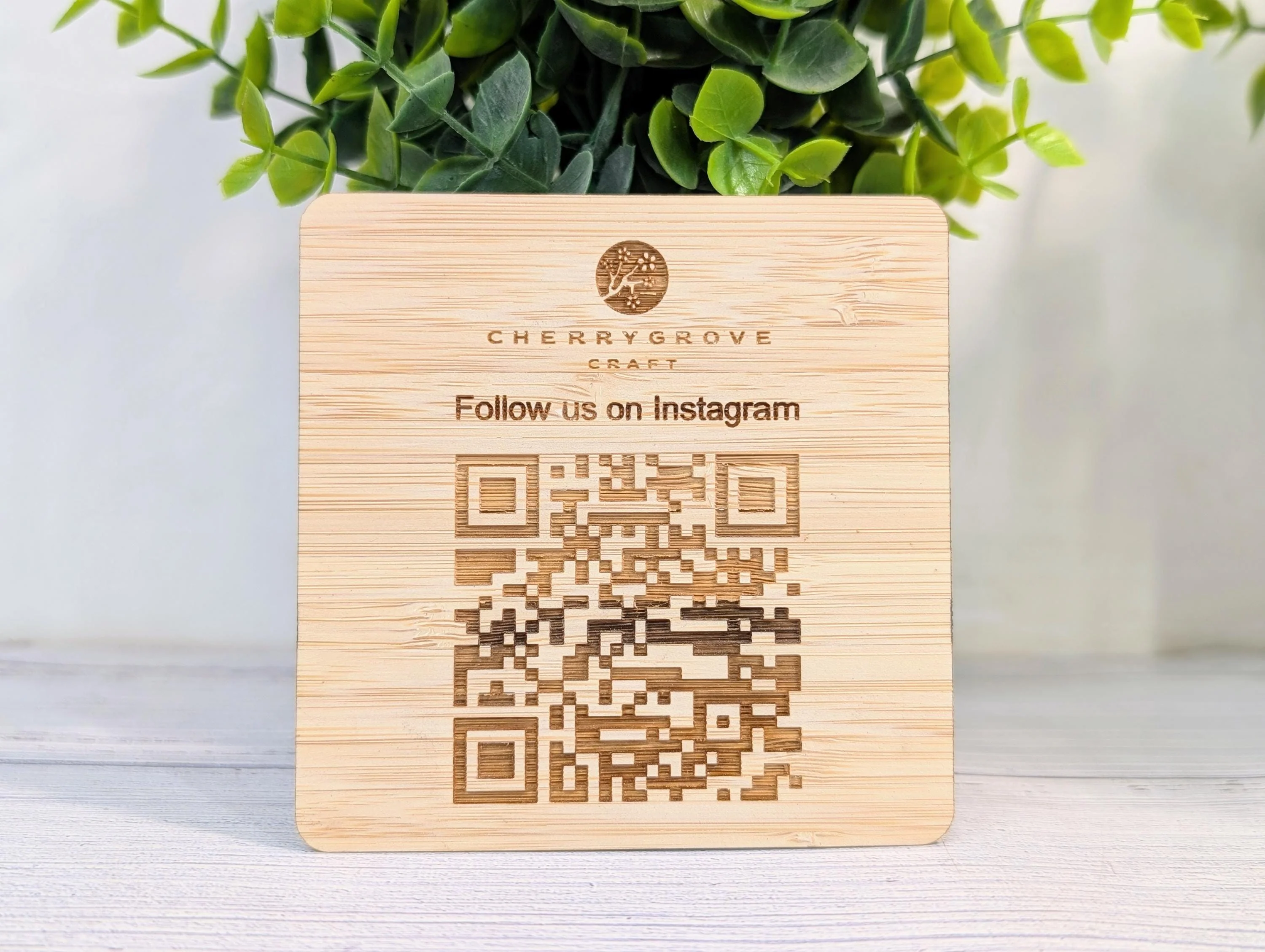 Personalised Bamboo QR Code Coaster | Instagram Follow Us Display with Logo | Eco Friendly Business Promo | Custom Social Media - Image 2