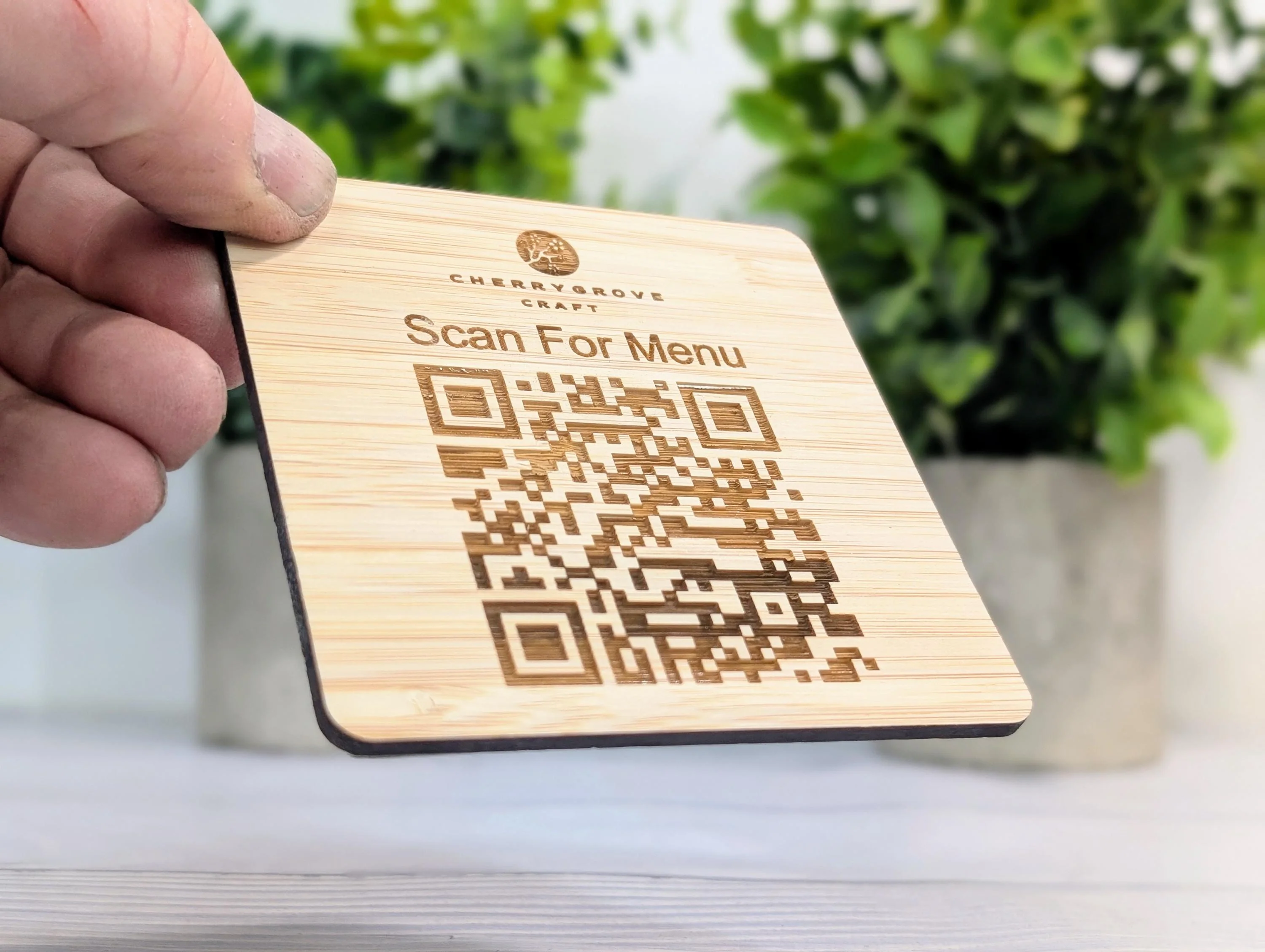 Personalised Bamboo QR Code Coaster | Scan For Menu QR Code with Logo | Eco Friendly Cafe, Restaurant, Pub Promo | Custom Social Media - Image 2
