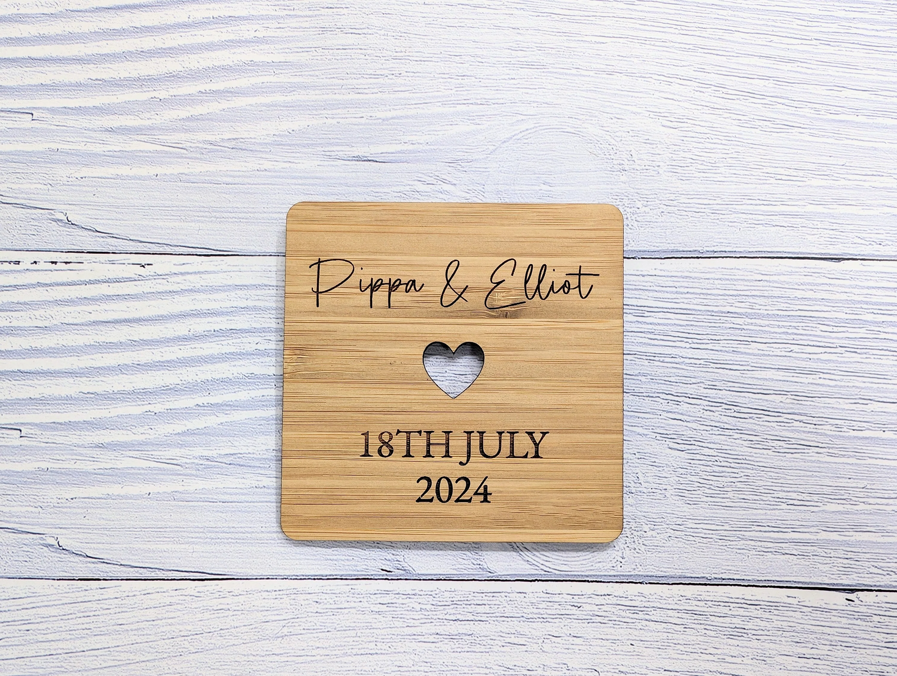 Personalised Bamboo Wedding Coasters - Customizable with Names, Date & Heart Design, 90mm x 90mm, Unique Wedding Favors - Image 6
